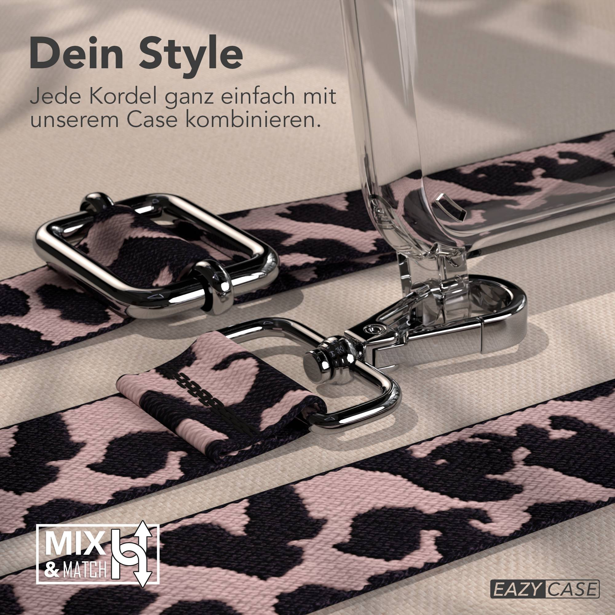 Ein pink-schwarzer Leo-Print-Gurt mit Metallverschlüssen und Hülle.