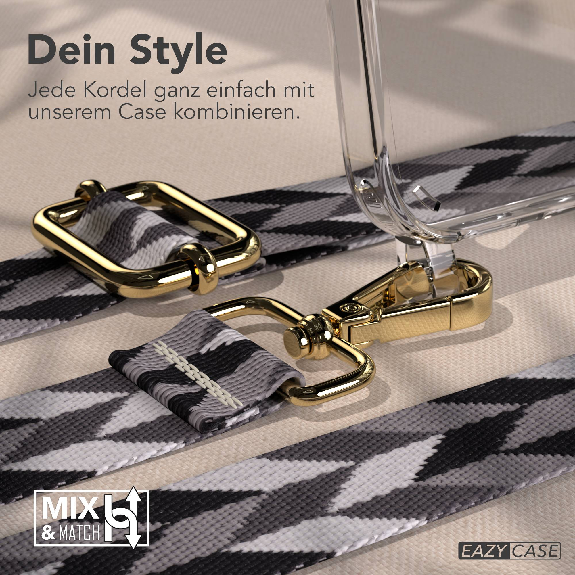 Ein durchsichtiges Case mit silbernem Gurt und goldenen Verschlüssen.