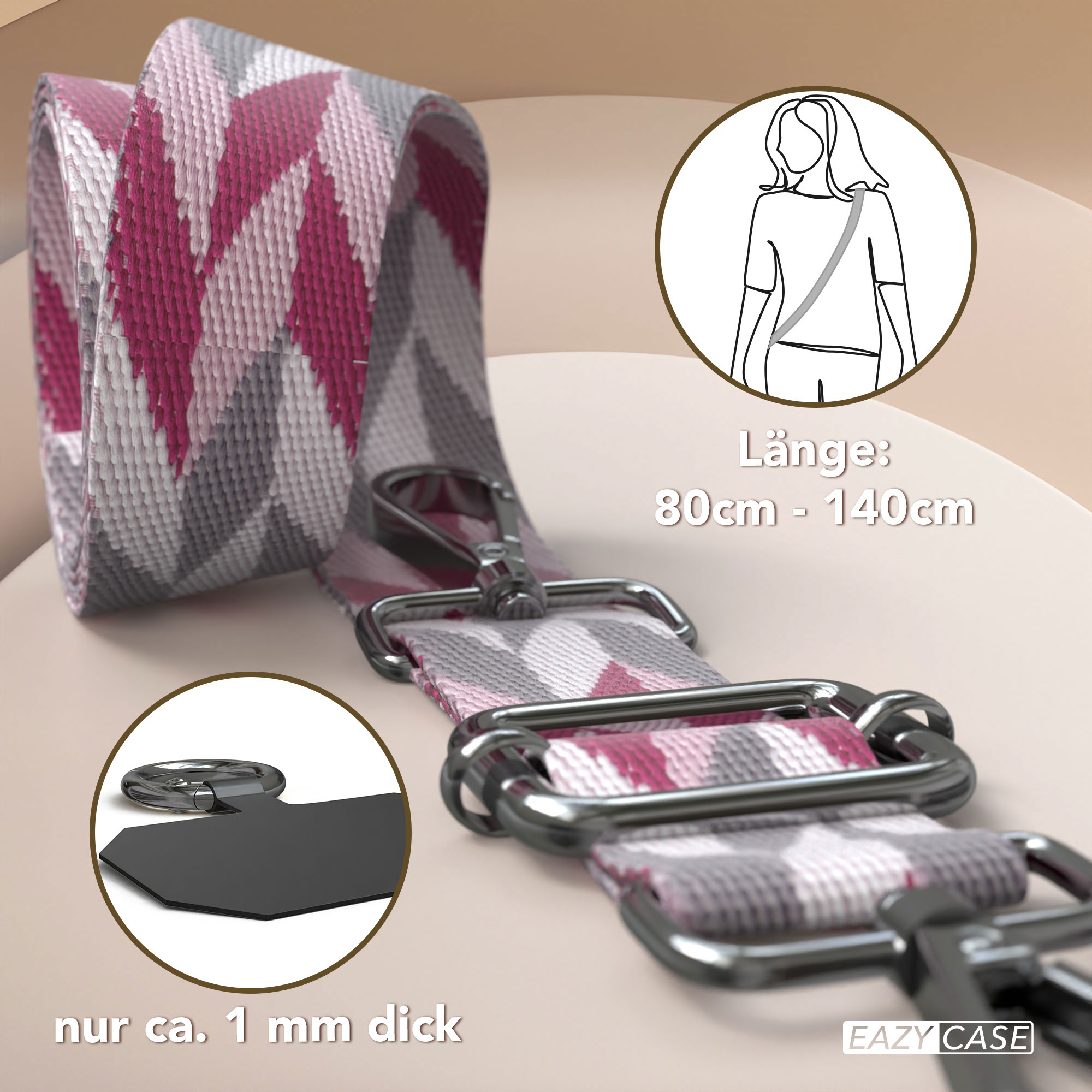 Schultergurt mit Zickzackmuster in Rosa/Grau, 80-140cm lang, 1mm dick.