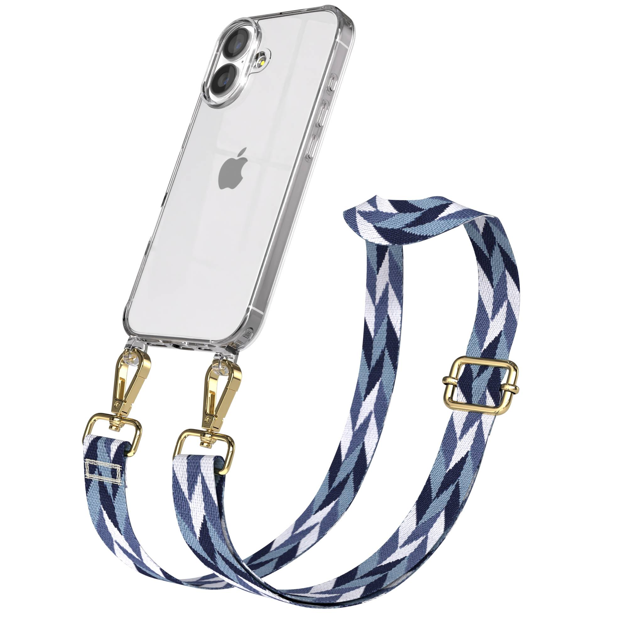 Ein transparentes iPhone mit einem blauen, weißen und dunkelblauen Riemen.