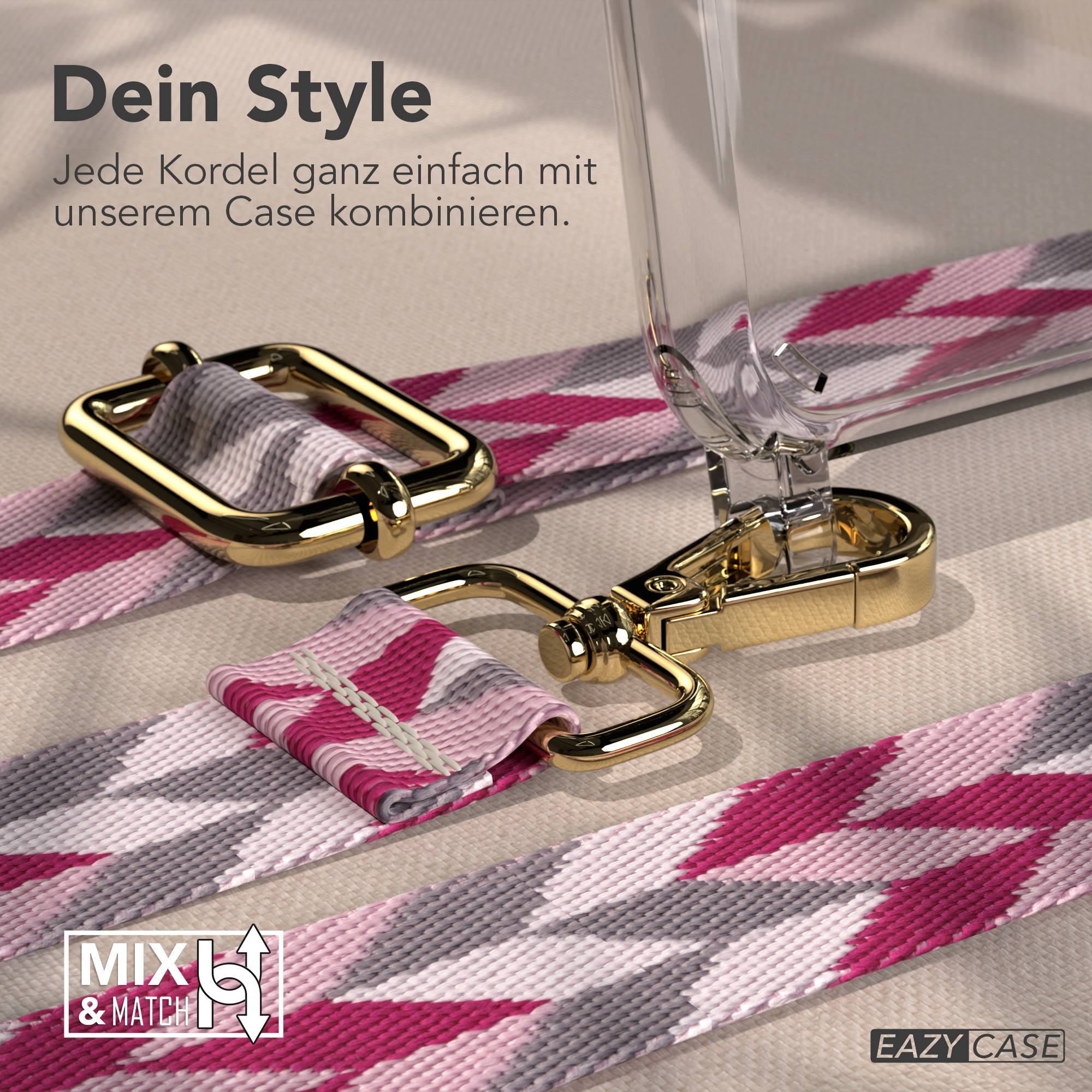 Nahaufnahme eines pinkfarbenen, grauen und weißen gemusterten Riemens mit goldener Hardware und Hülle.