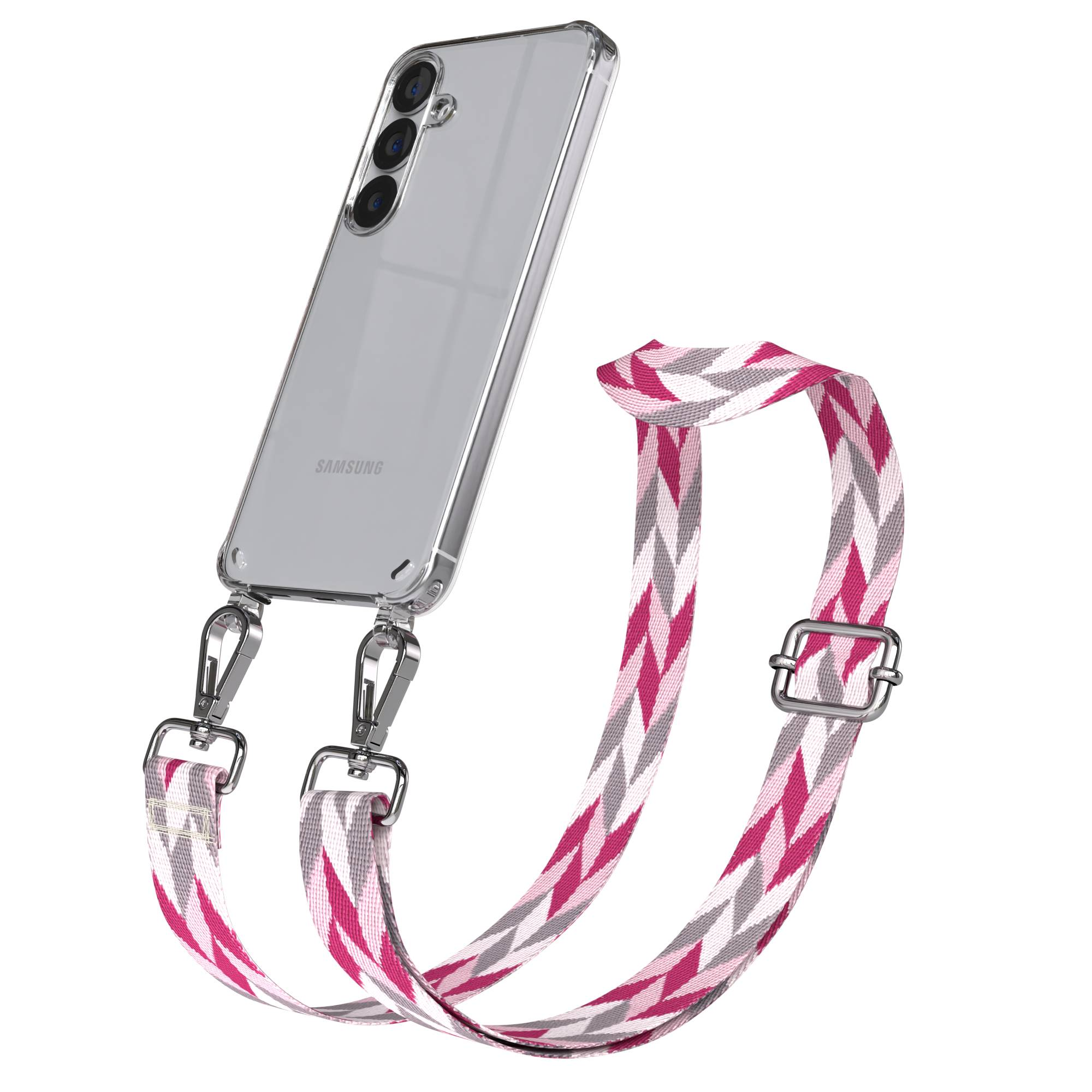 Eine durchsichtige Handyhülle mit einem pink-grauen Chevron-Gurt, befestigt an silbernen Clips.