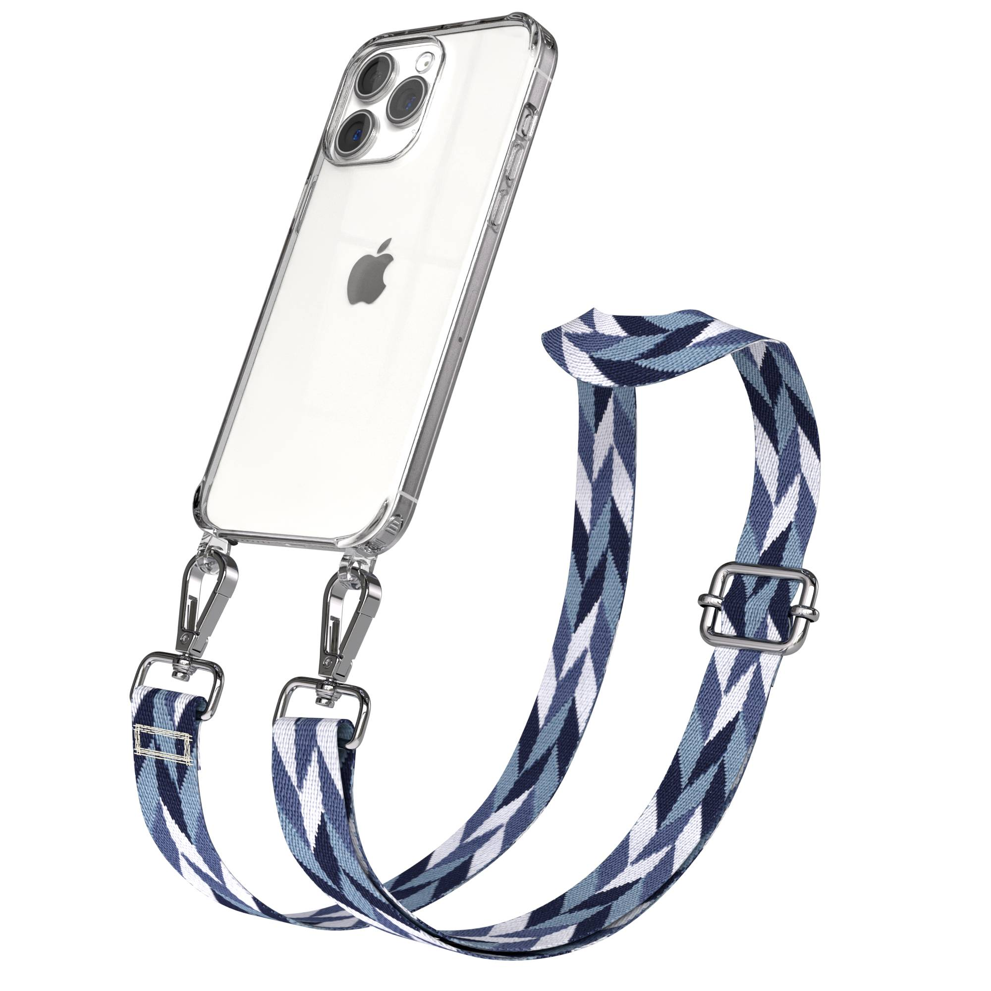 Ein durchsichtiges iPhone-Case mit einem blauen/weißen Zickzack-Trageriemen und silbernen Clips.