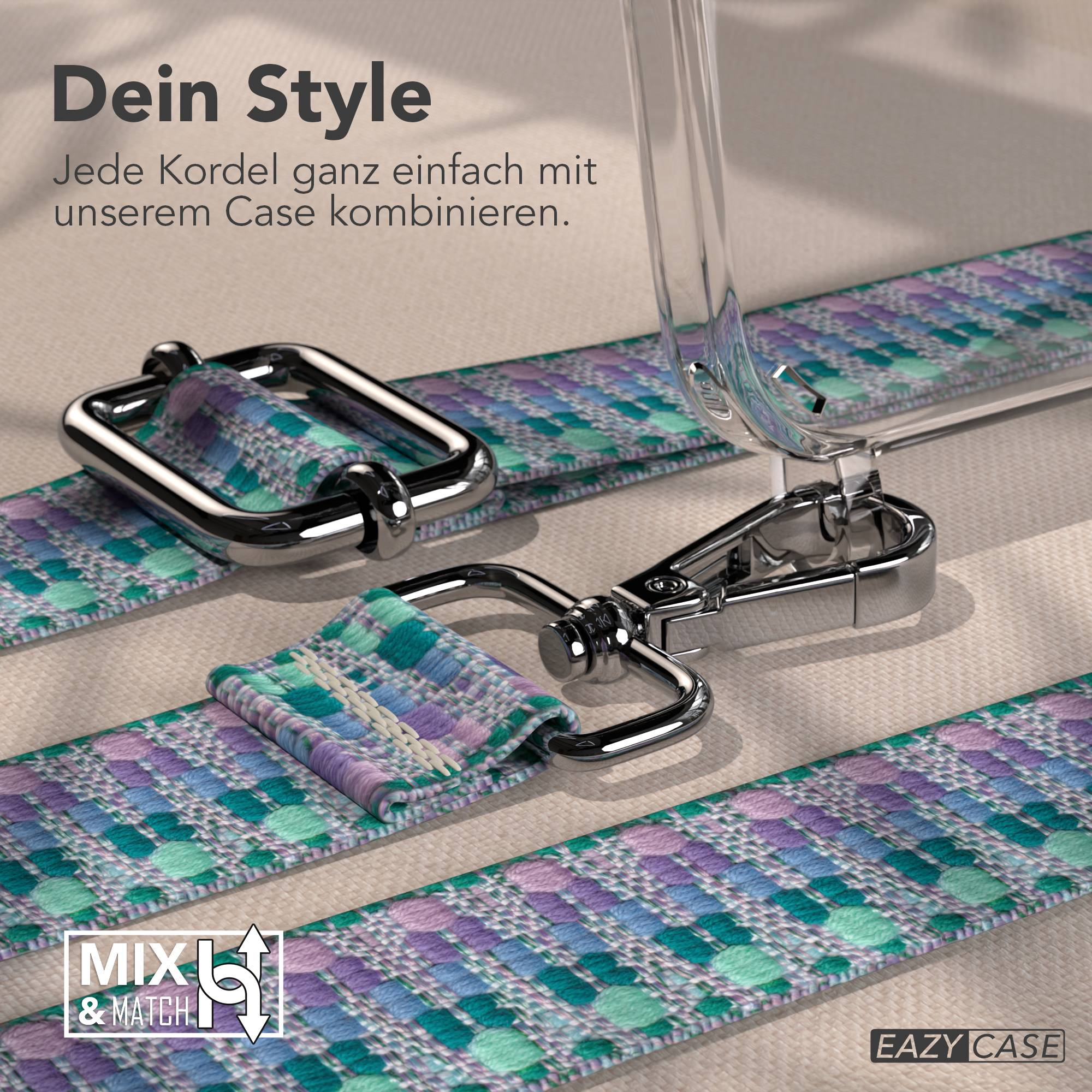 Ein Phone-Case-Riemen mit silbernen Schnallen und einem bunten Muster.