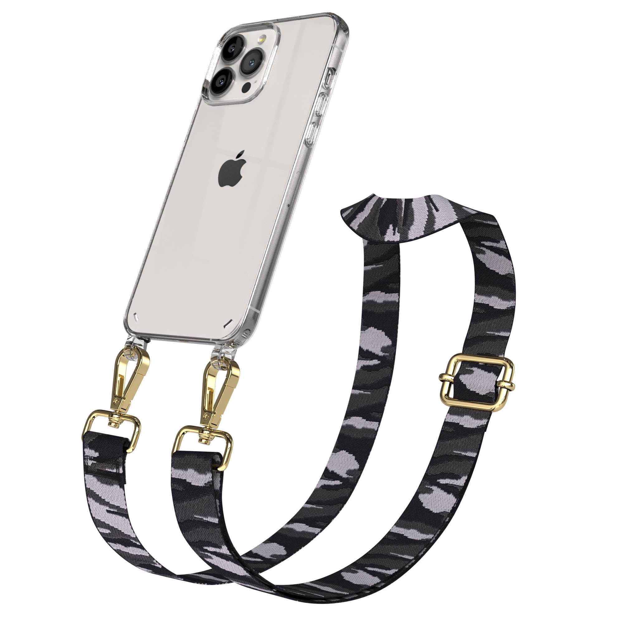 Transparente iPhone-Hülle mit schwarz-grauem Camouflage-Gurt mit Gold-Hardware.