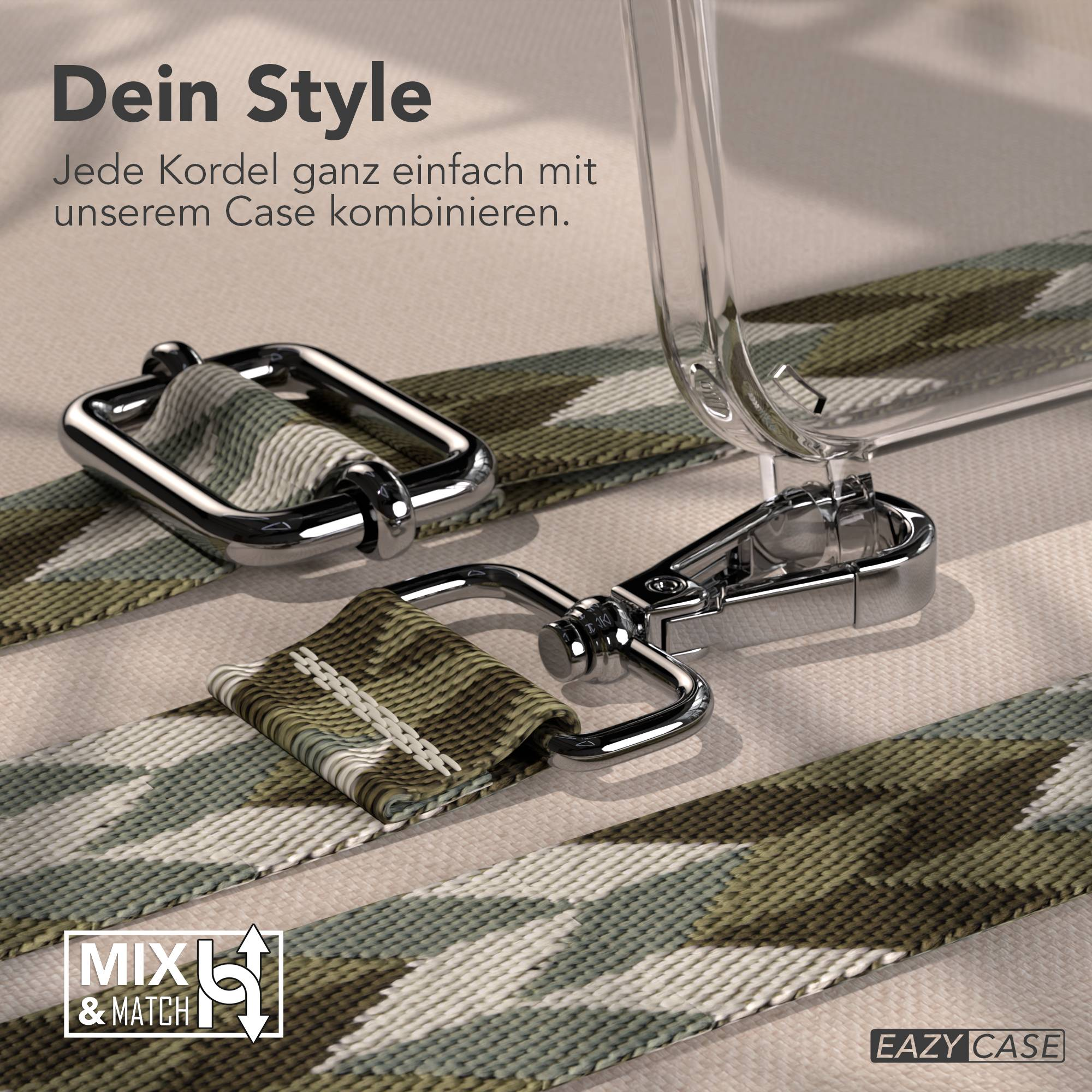 Ein transparenter Handyhülle mit Kordel in Tarnmuster und silbernen Beschlägen.