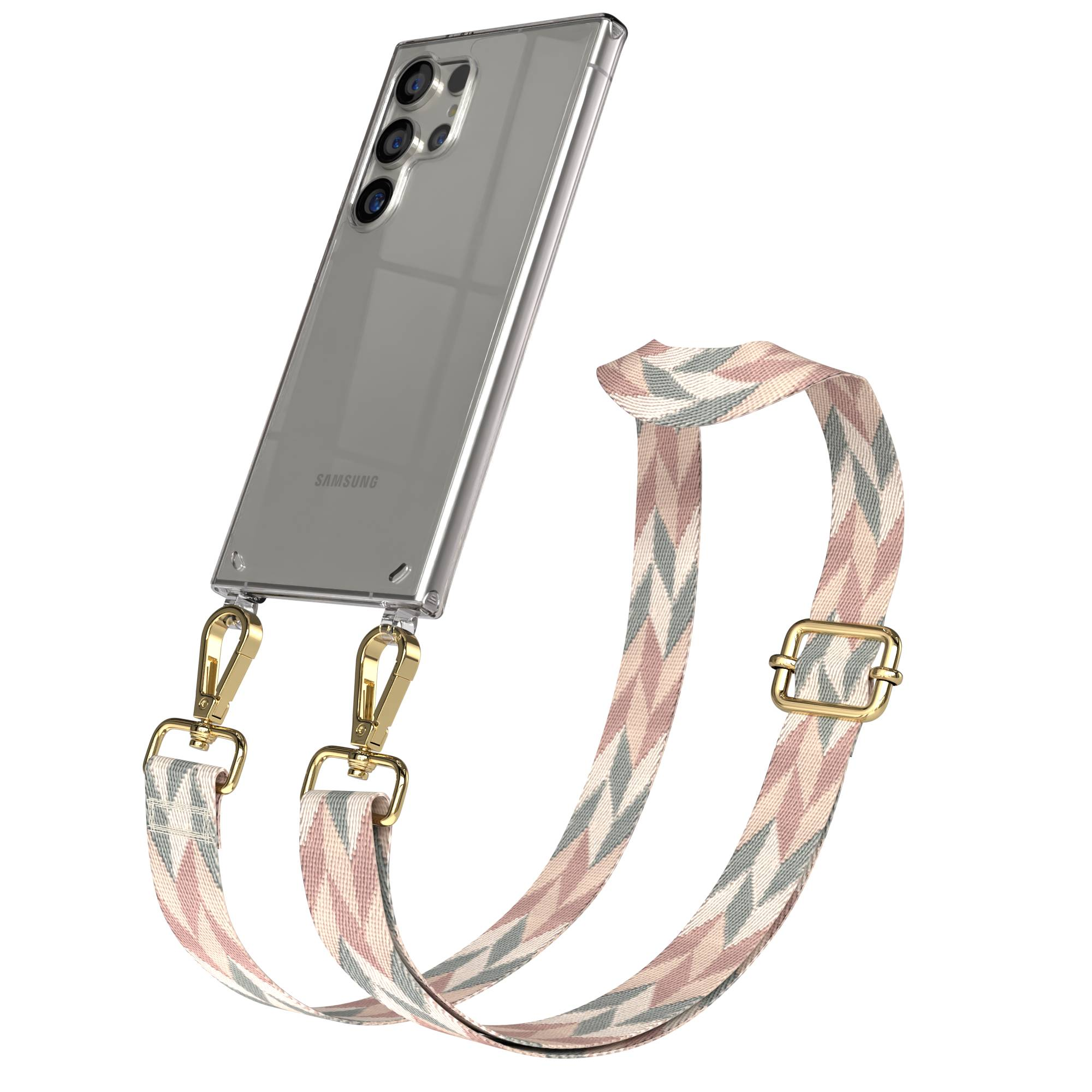 Ein silbernes Samsung-Smartphone mit einer transparenten Hülle und einem gemusterten Riemen.