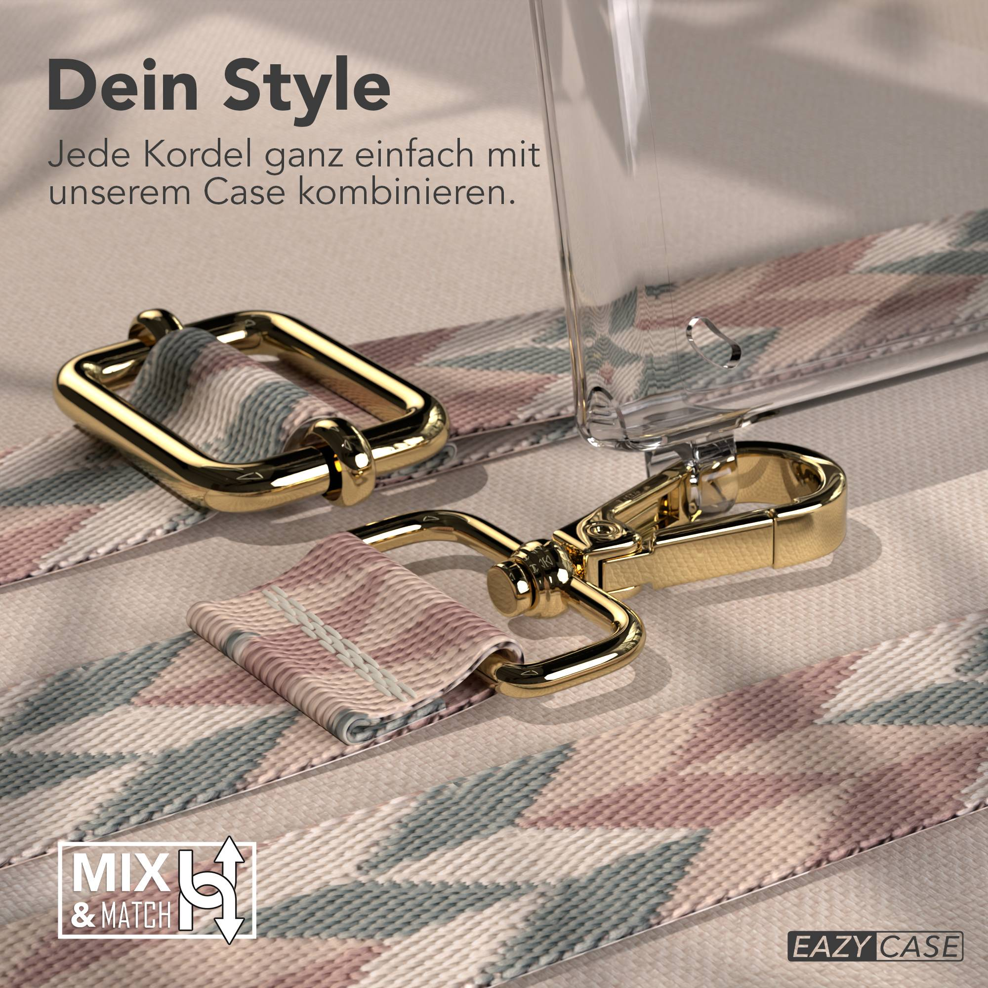 Goldene Karabinerhaken und ein Band mit geometrischem Muster.
