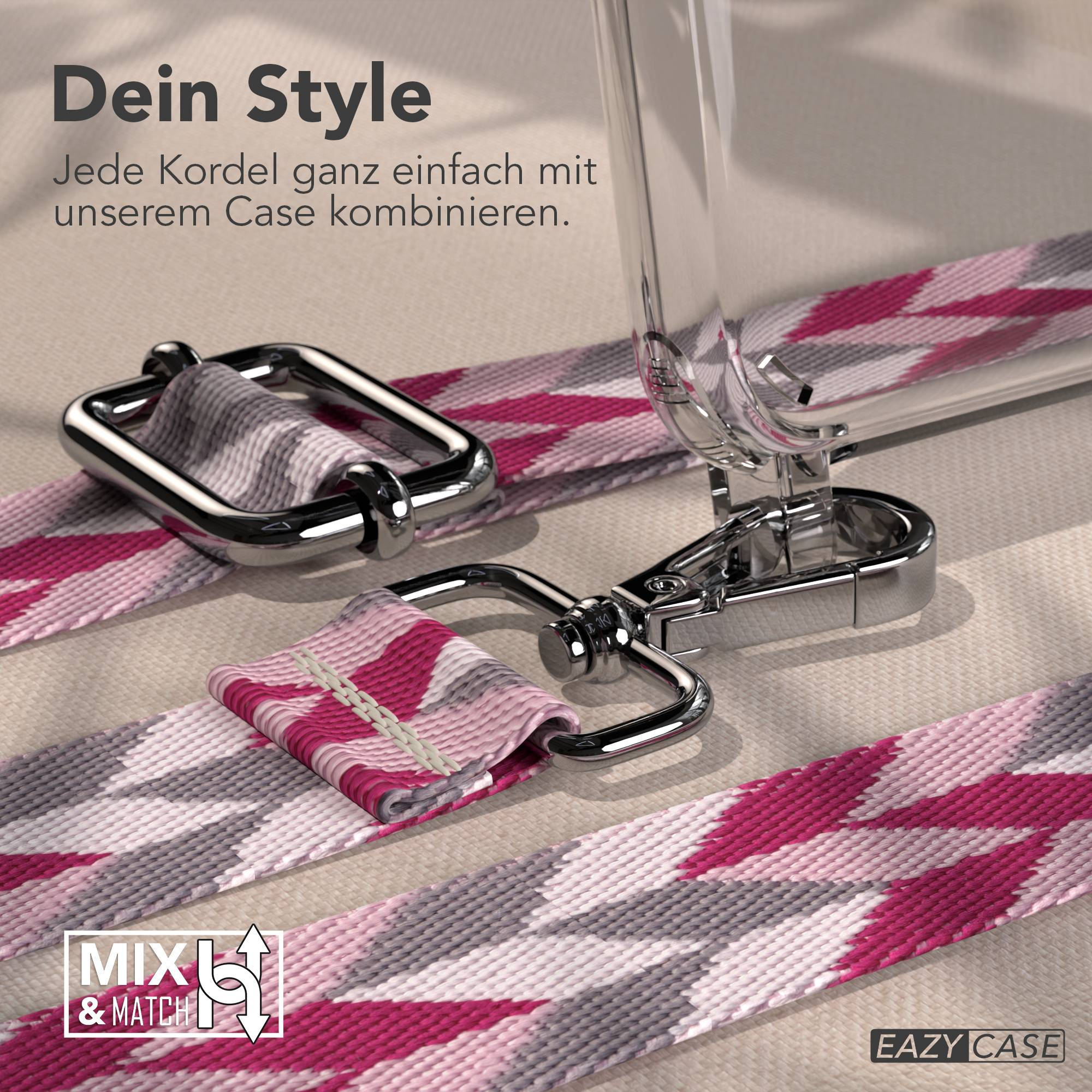 Ein Handyhülle mit einem Band mit geometrischem Muster in Rosa, Grau und Weiß.