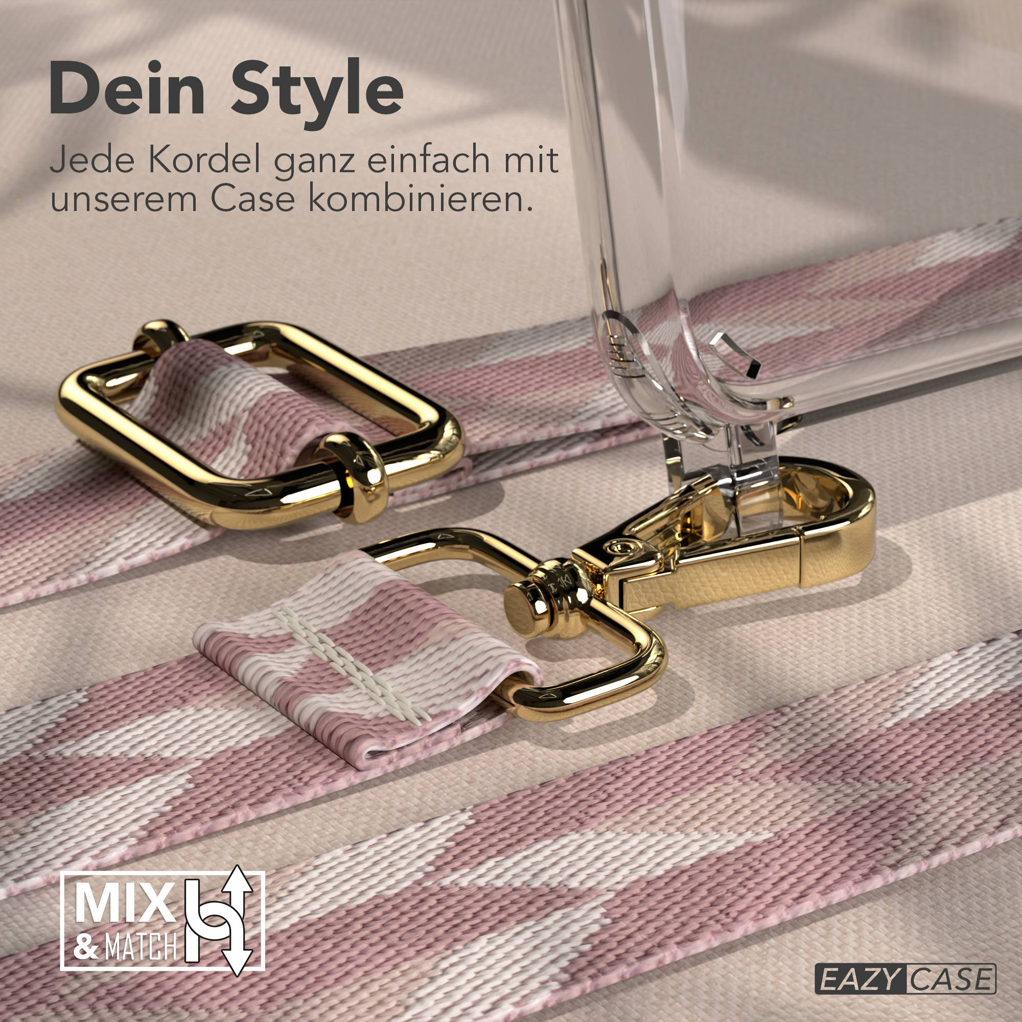 Goldene Kette mit pink-weißem Band und einem transparenten Handyhülle-Detail.