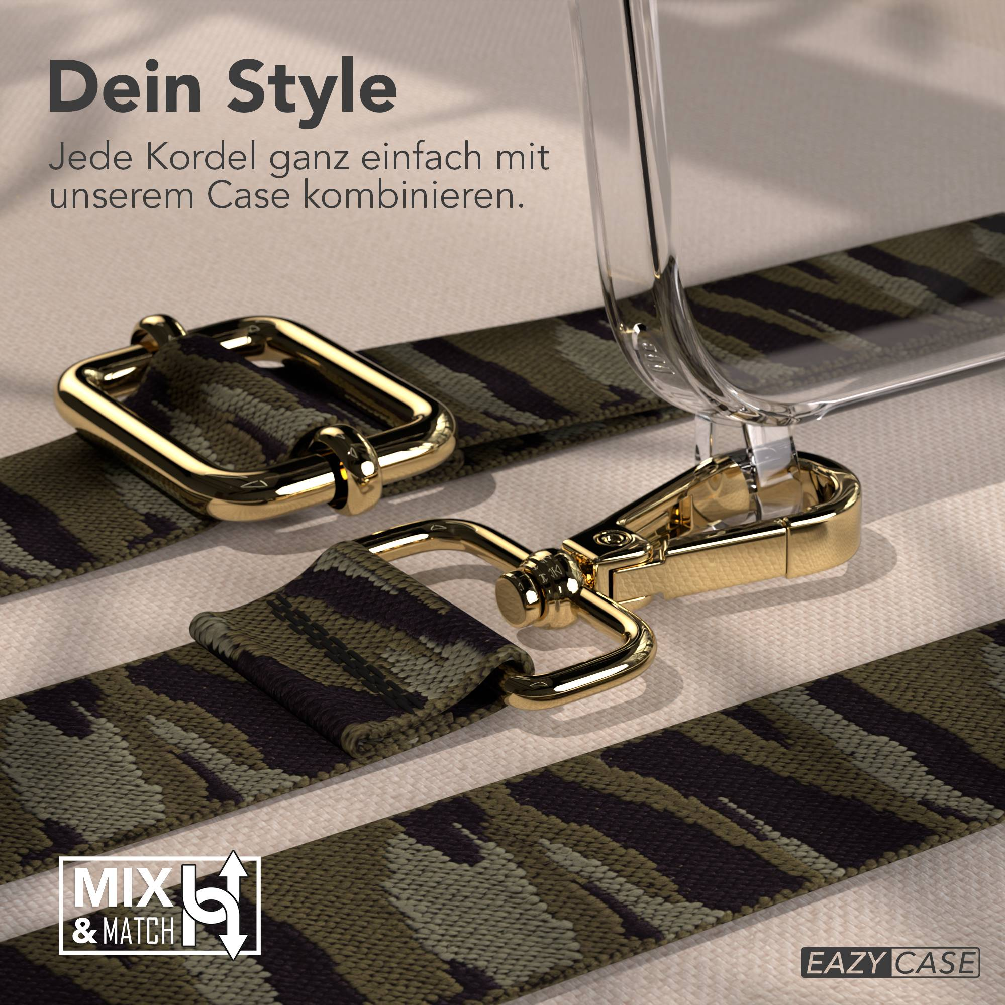 Camouflage-Band mit goldenen Beschlägen und transparentem Handyhülle.