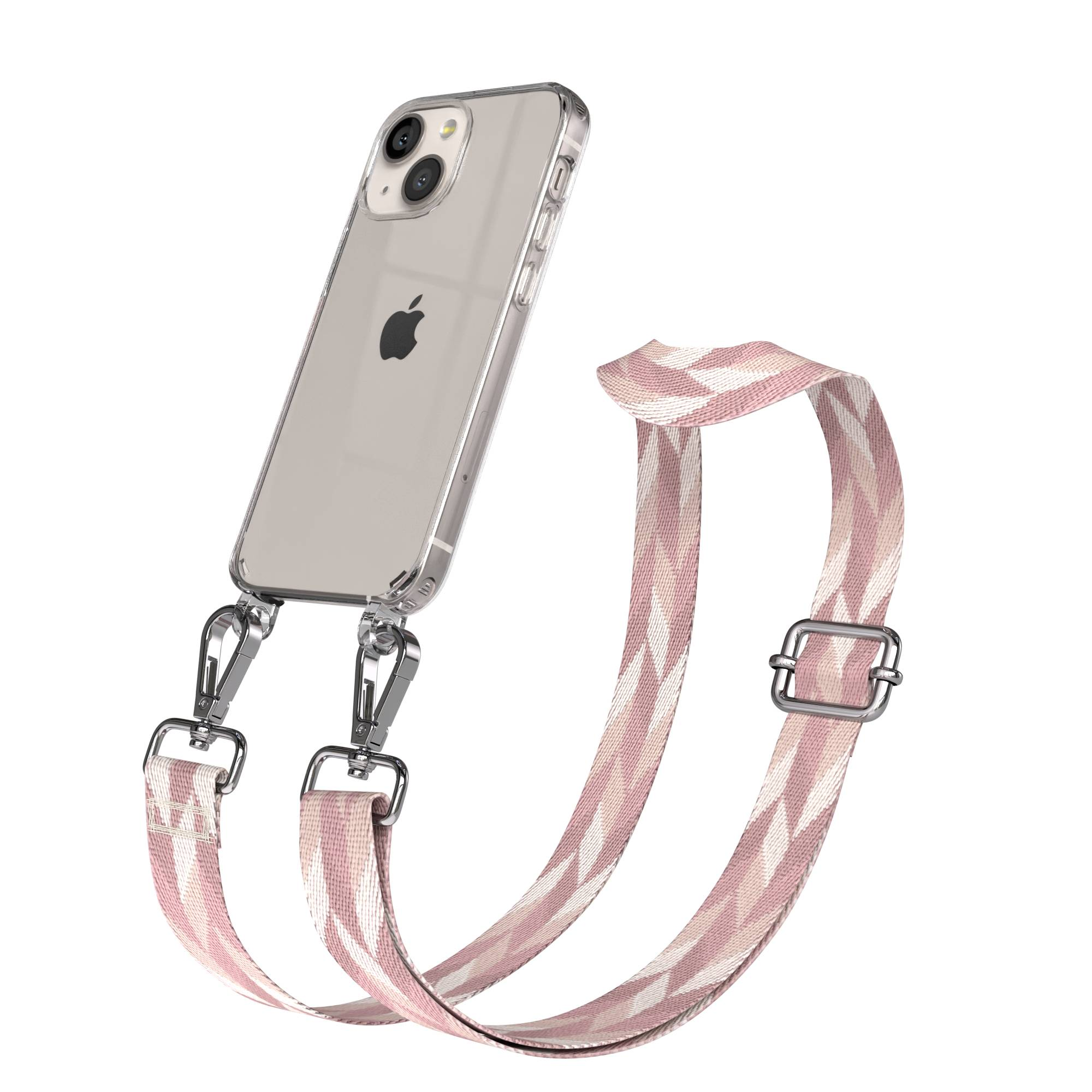 Transparente Hülle mit pink gemustertem Gurt und silbernen Verschlüssen auf weißem Grund.
