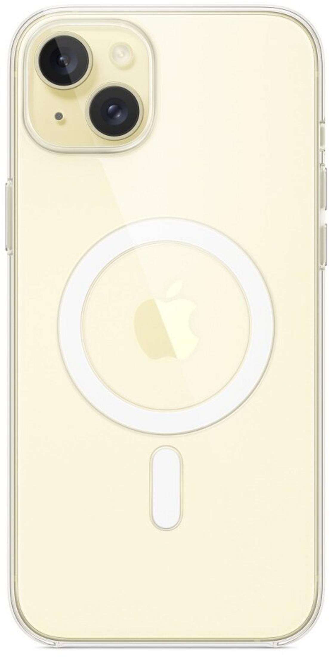 Jasnożółty iPhone w przezroczystym etui, z podwójnymi aparatami i okręgiem ładowania MagSafe.