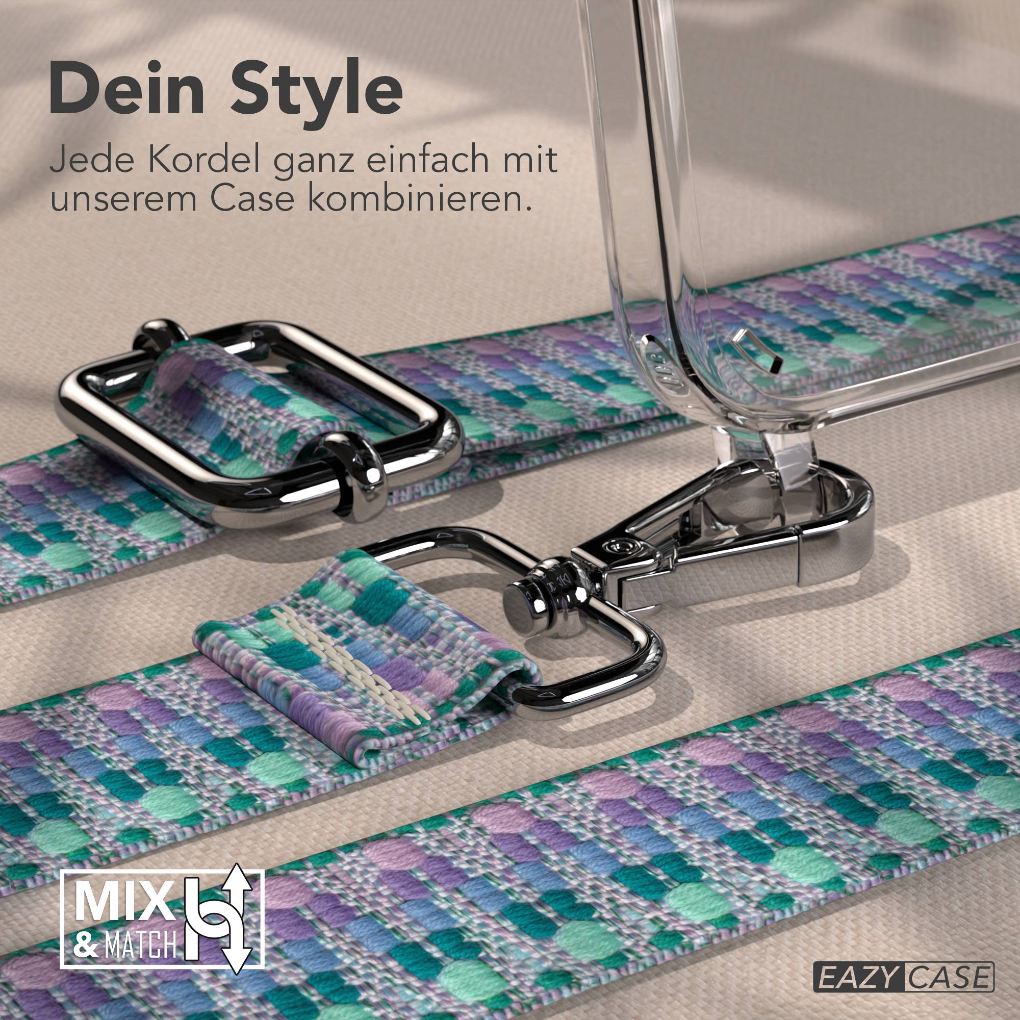 Nahaufnahme eines Handyhüllen-Riemens mit buntem Webmuster und Metallverschlüssen.