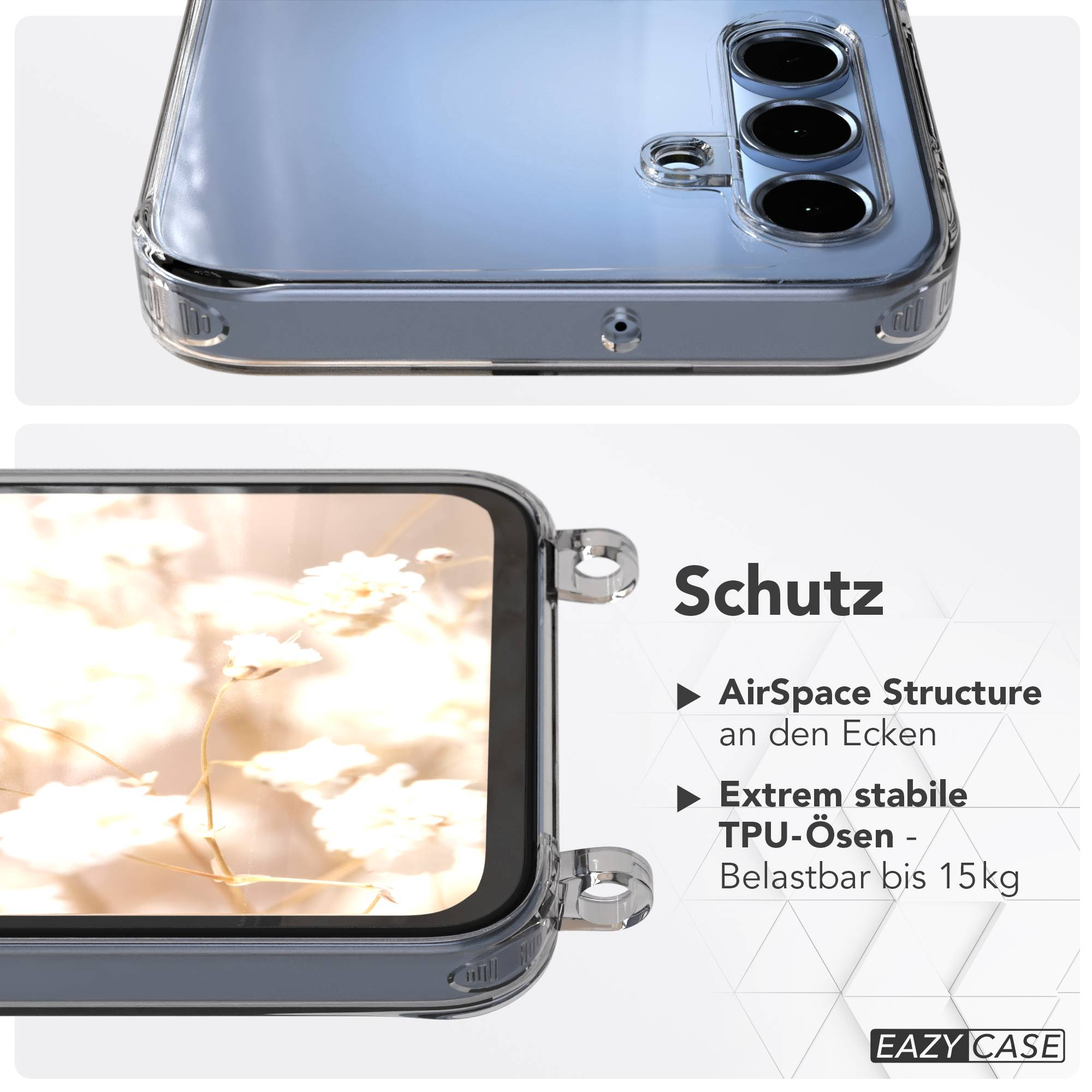 Transparente Handyhülle zeigt Kameramodul und Blumenmuster.