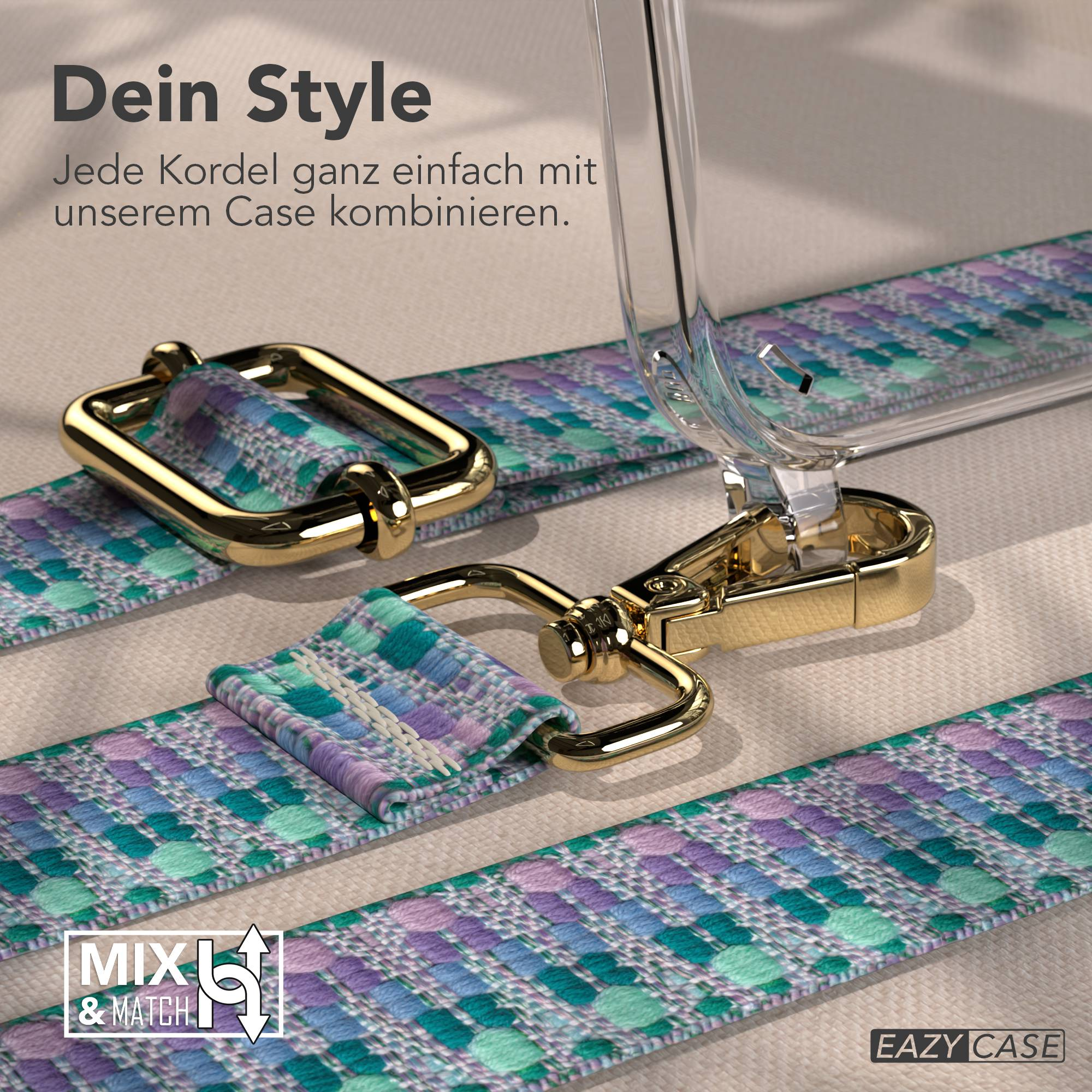 Eine transparente Handyhülle mit einem bunten Gurt und goldenen Beschlägen.