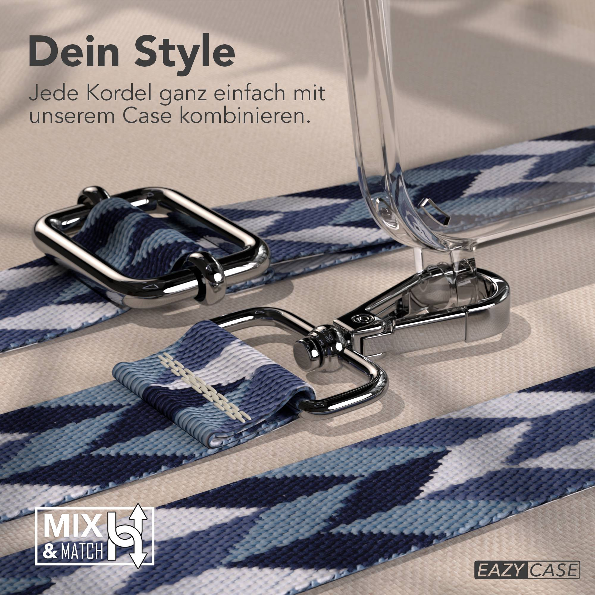 Nahaufnahme einer blauen und weißen gemusterten Lanyard mit silbernen Verschlüssen und einer Hülle.