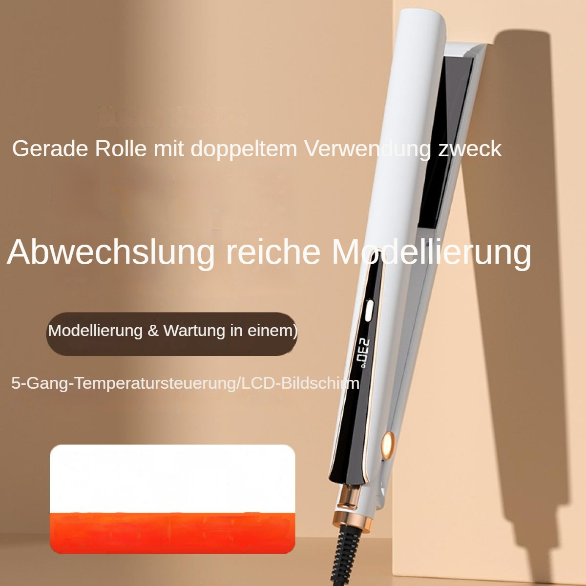 Ein weißer Glätteisen mit schwarzem Display, das 230°C anzeigt.
