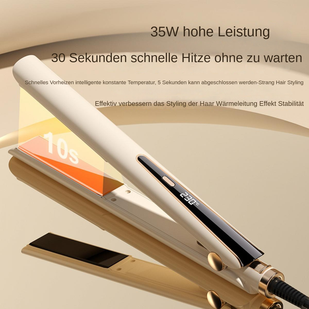 Eine weiße Haarstyling-Glättung mit digitaler Anzeige von 230°C und 10s.