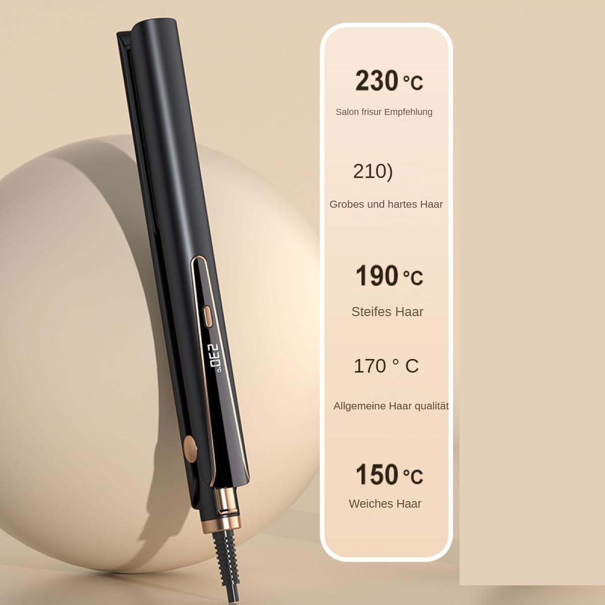 Schwarzer Haarglätter mit goldenen Akzenten zeigt Temperaturen von 150-230°C.