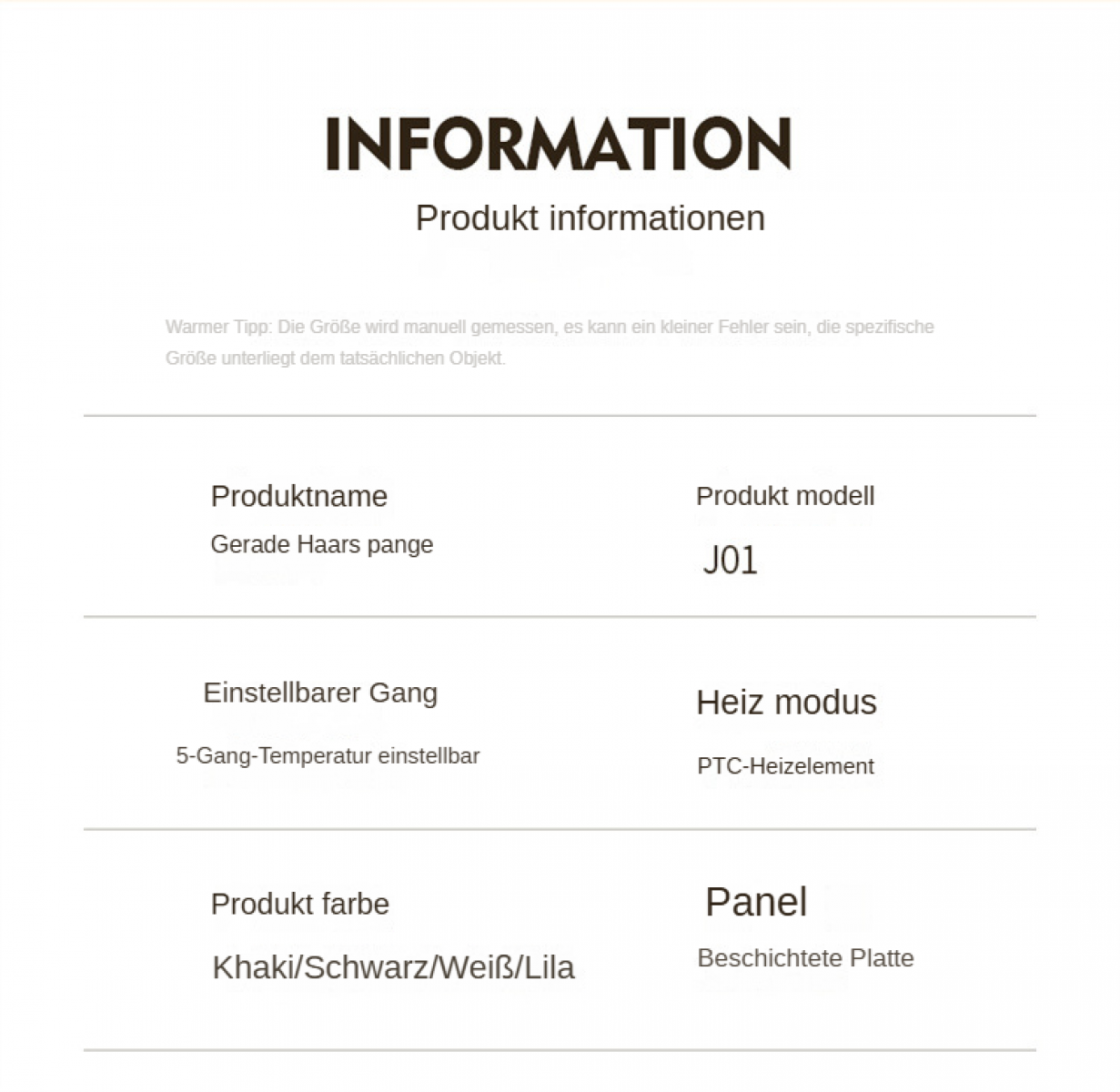 Produktinformationen: Modell J01, 5-Temp.-Einstellungen, PTC-Heizung, Khaki/Schwarz/Weiß/Lila.