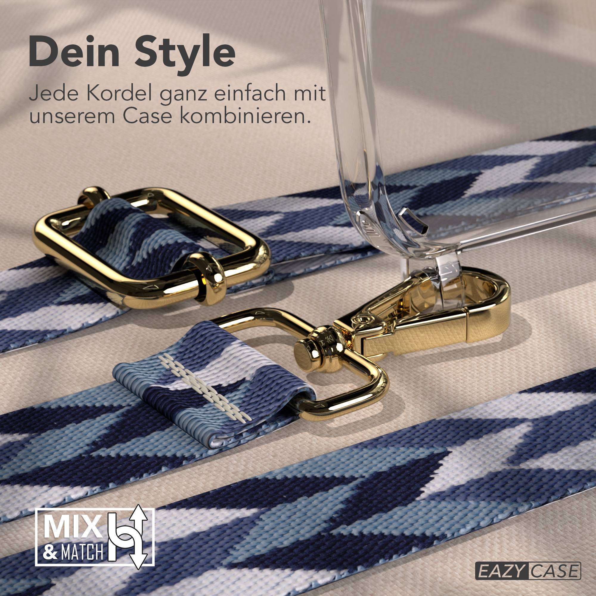 Ein Handyhüllen-Case mit blauem, gemustertem Band und goldenen Beschlägen.