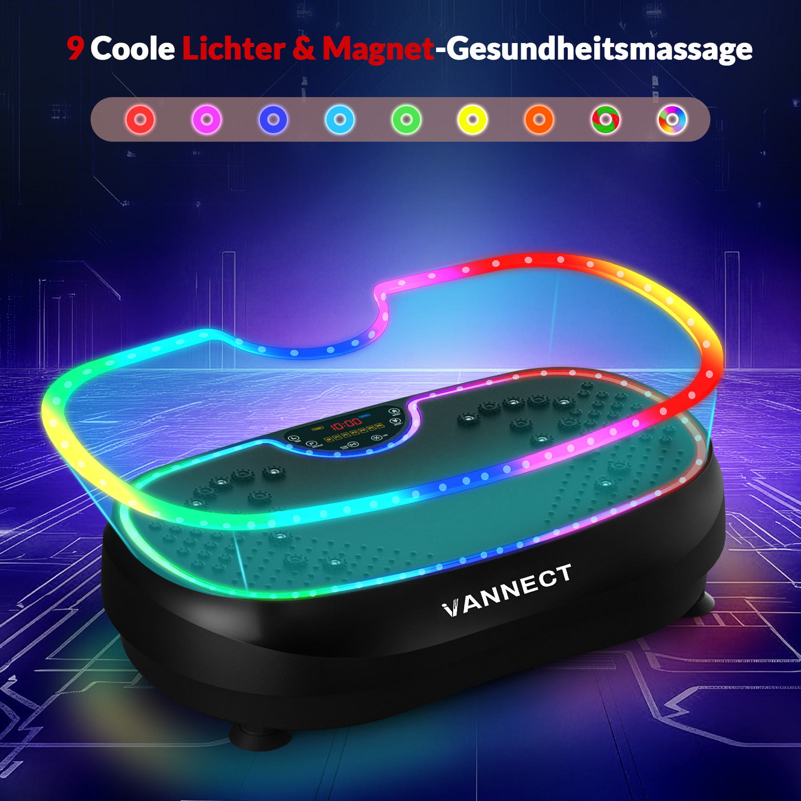 Eine schwarze Massageplattform mit bunten LED-Lichtern und Digitalanzeige.