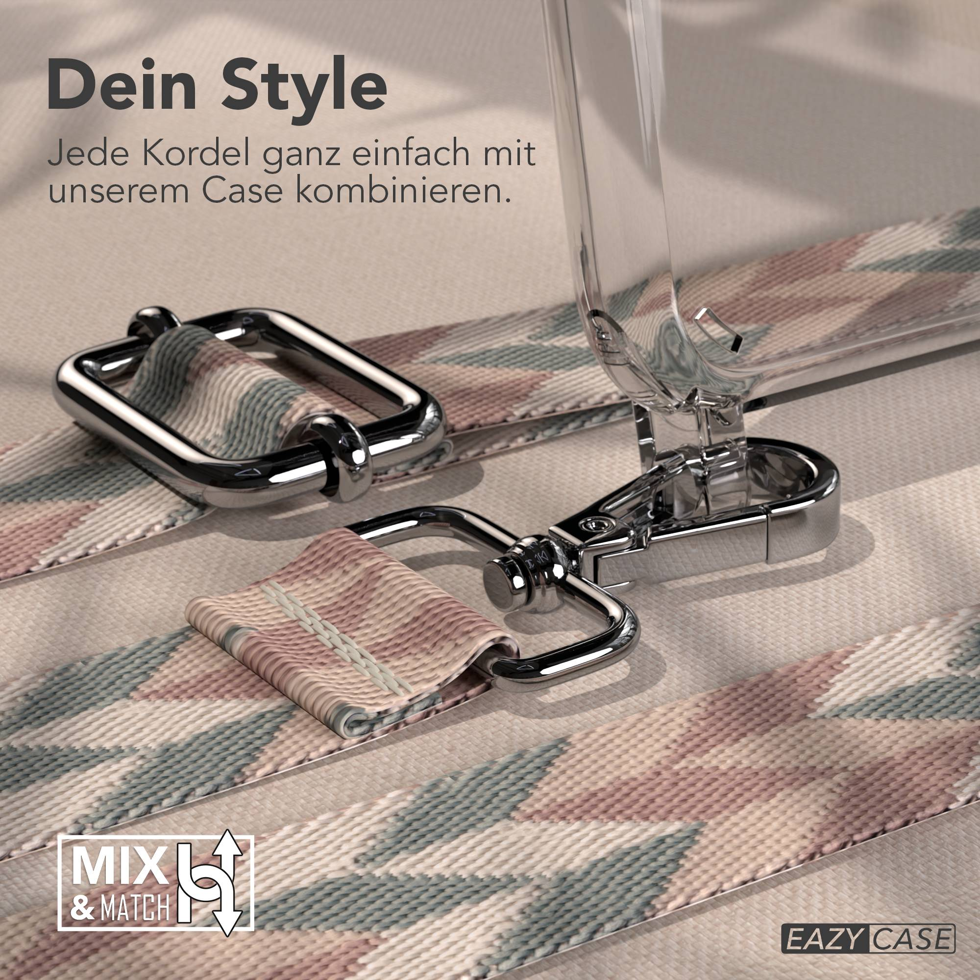 Eine Handyhülle mit einem gemusterten Band und silbernen Beschlägen.