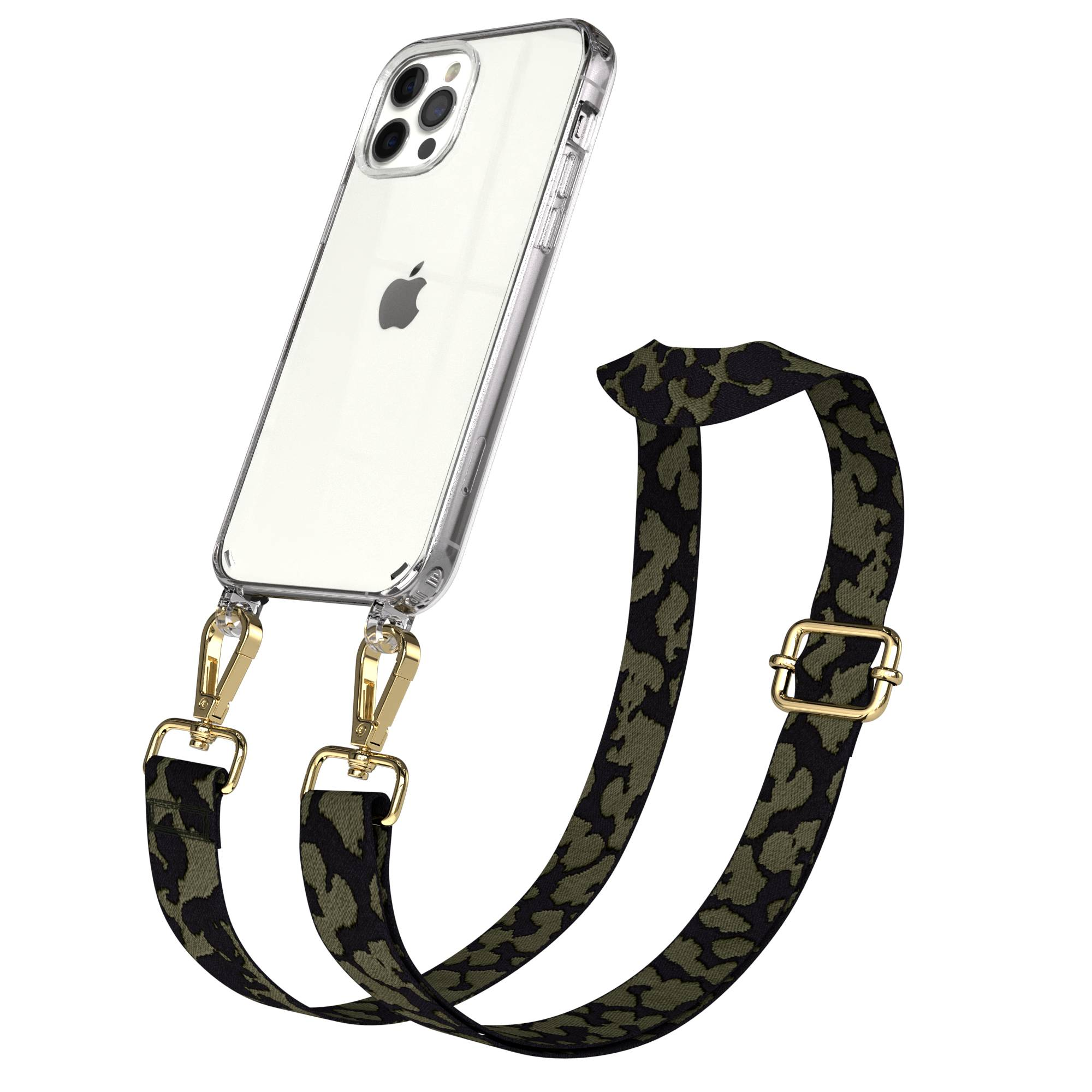 Ein transparentes Handyhülle mit Leopardenmuster-Trageband und goldenen Verschlüssen.