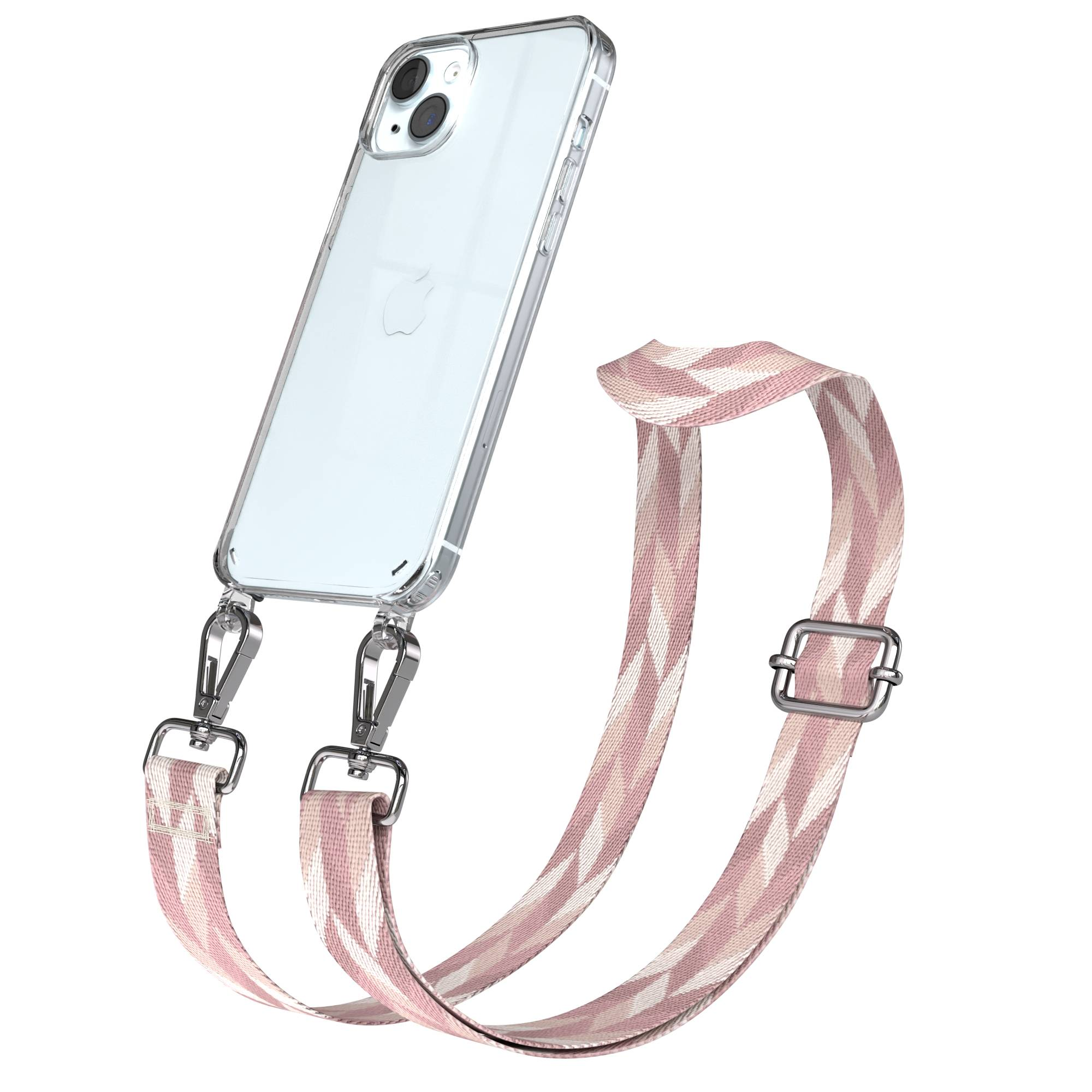 Eine durchsichtige Handyhülle mit einem pink-weißen gemusterten Band ist abgebildet.