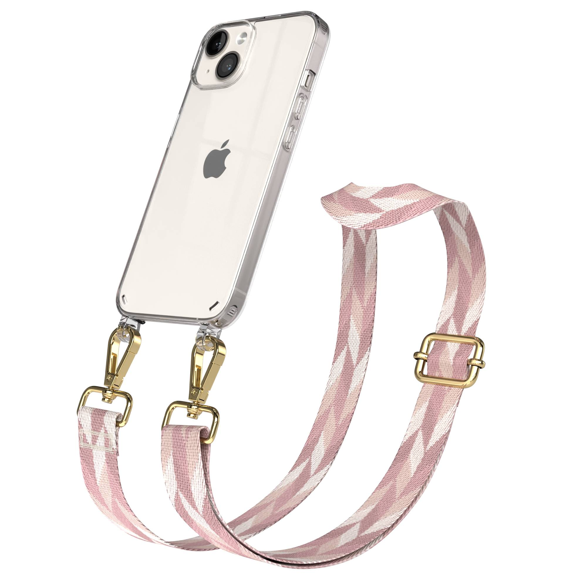 Ein durchsichtiges iPhone mit einem pink-weißen gemusterten Gurt mit goldenen Schnallen.