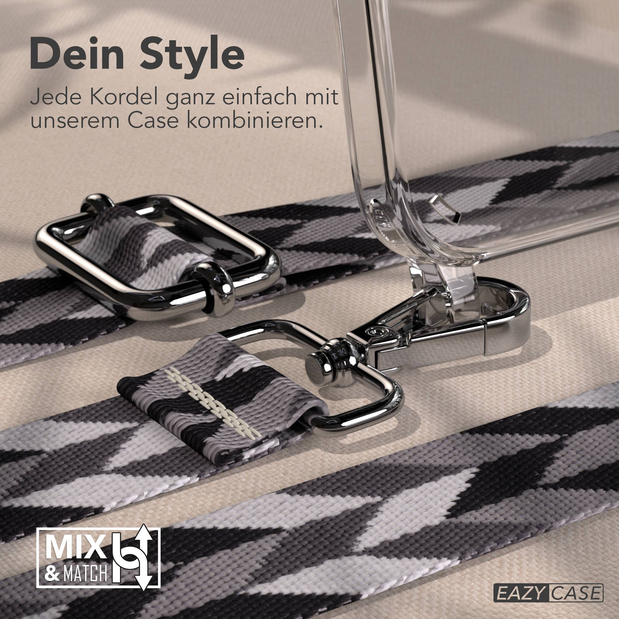 Handyhülle mit grau-weiß gemustertem Band und silberner Hardware.