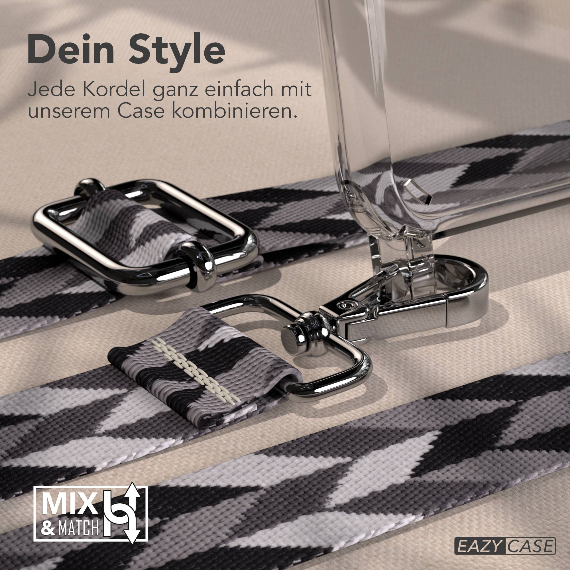 Graues und schwarzes Band mit silbernen Metallclips für eine Handyhülle.