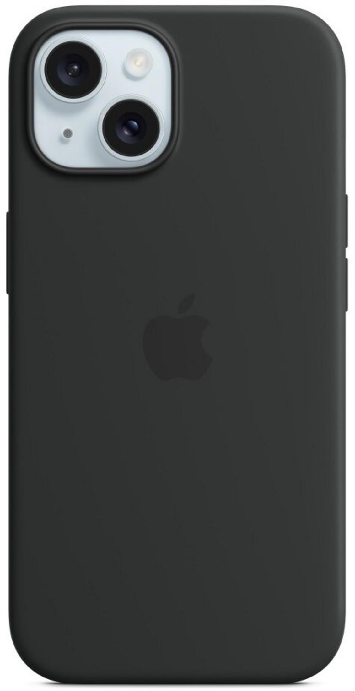 Een donkergrijze iPhone hoes met dubbele camera en een reliëf Apple logo.