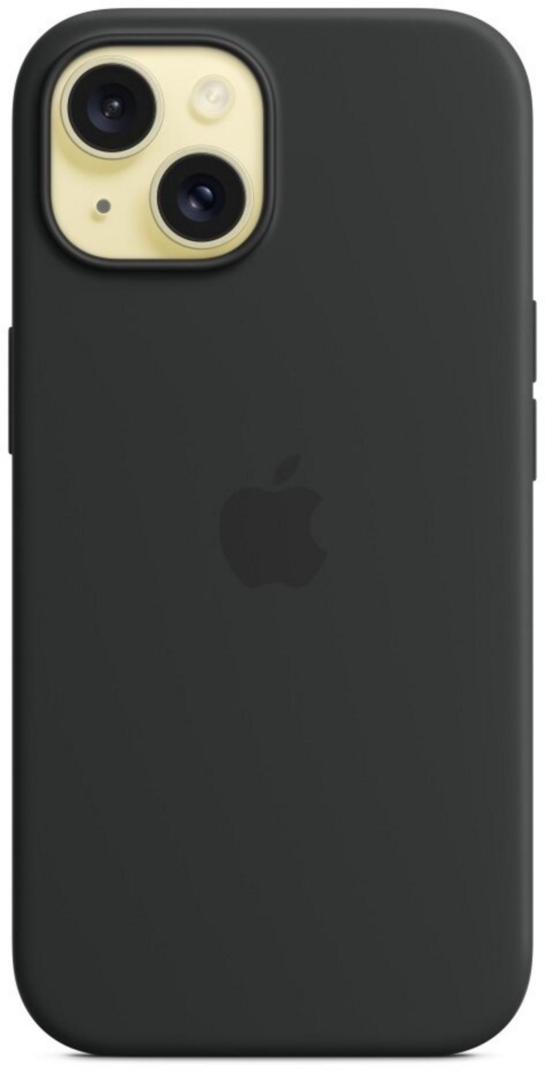 Zwarte telefoonhoes met Apple logo en camera-uitsparing. Minimalistisch design.