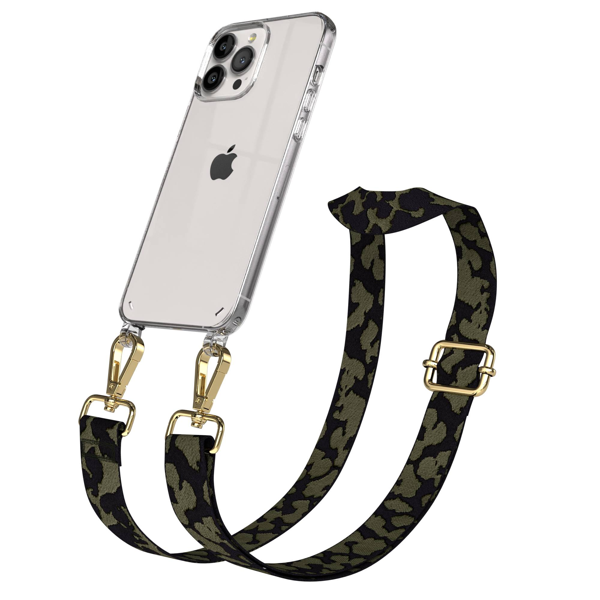 Ein transparentes iPhone-Etui mit Camouflage-Gurt und goldenen Schnallen.