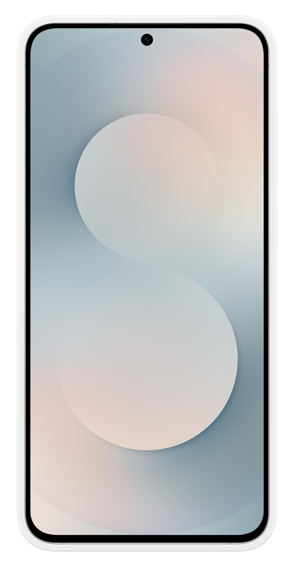 Een witte smartphone met een zachte, S-vormige gradiënt achtergrond in pastelkleuren.