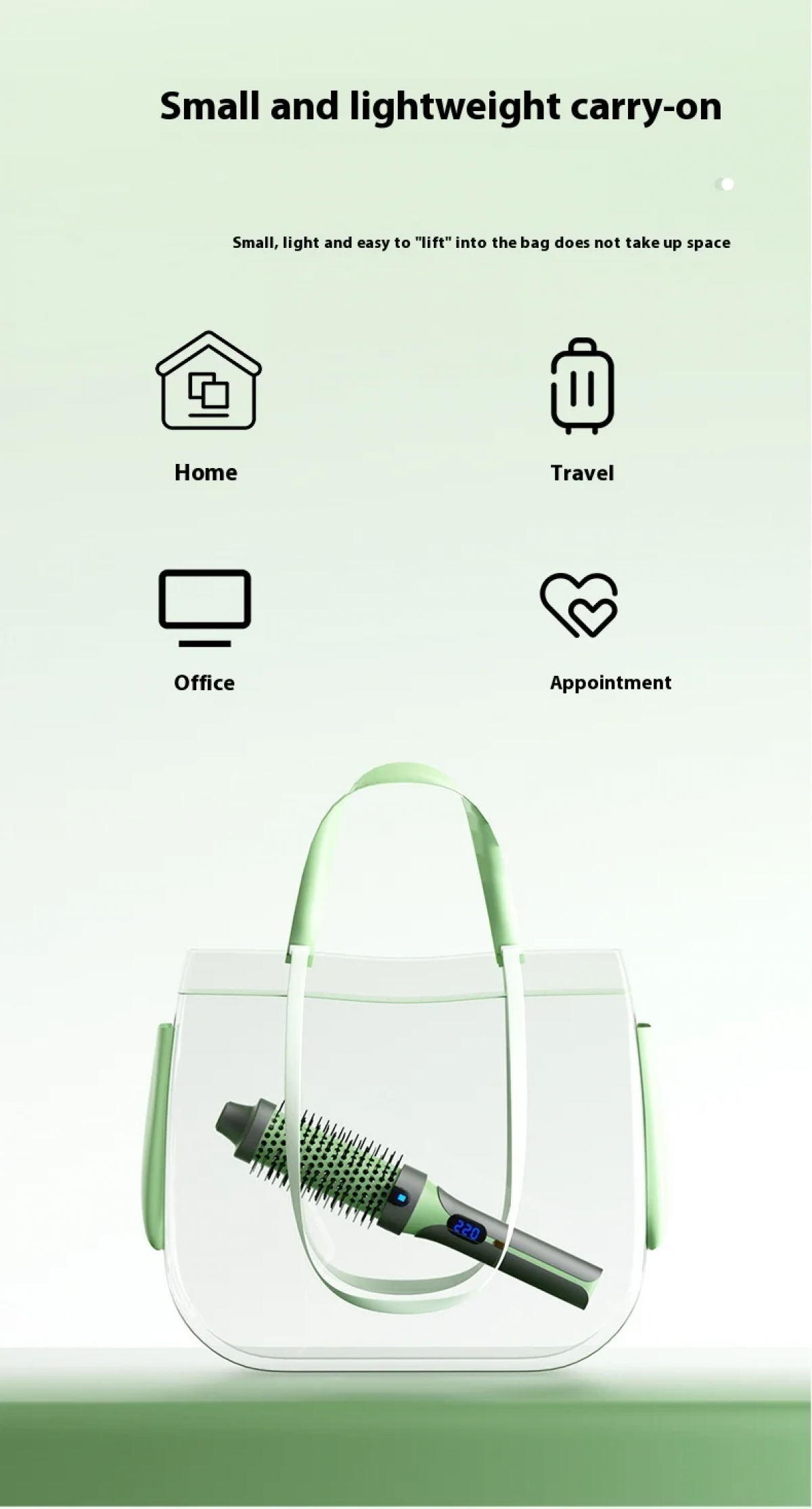 Ein grüner und grauer Haarstyler mit Digitalanzeige (220) in einer durchsichtigen Tasche.