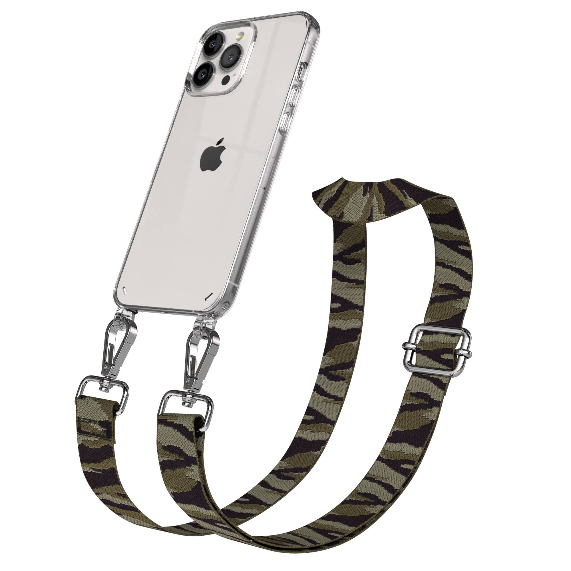 Eine durchsichtige Handyhülle mit einem Camouflage-Riemen, befestigt mit Metallclips.