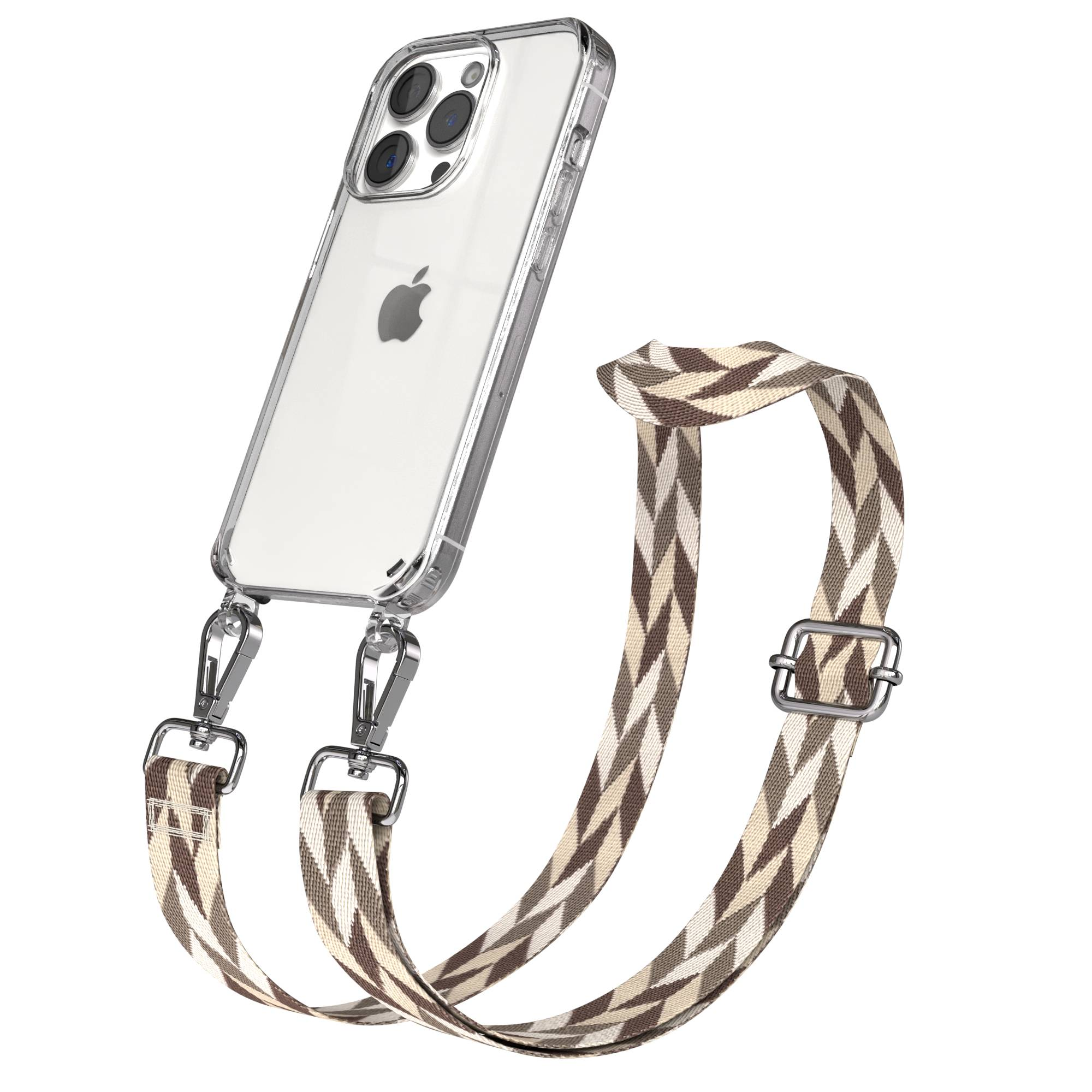 Ein transparentes iPhone-Case mit einem gemusterten Umhängeband in Braun- und Beigetönen.