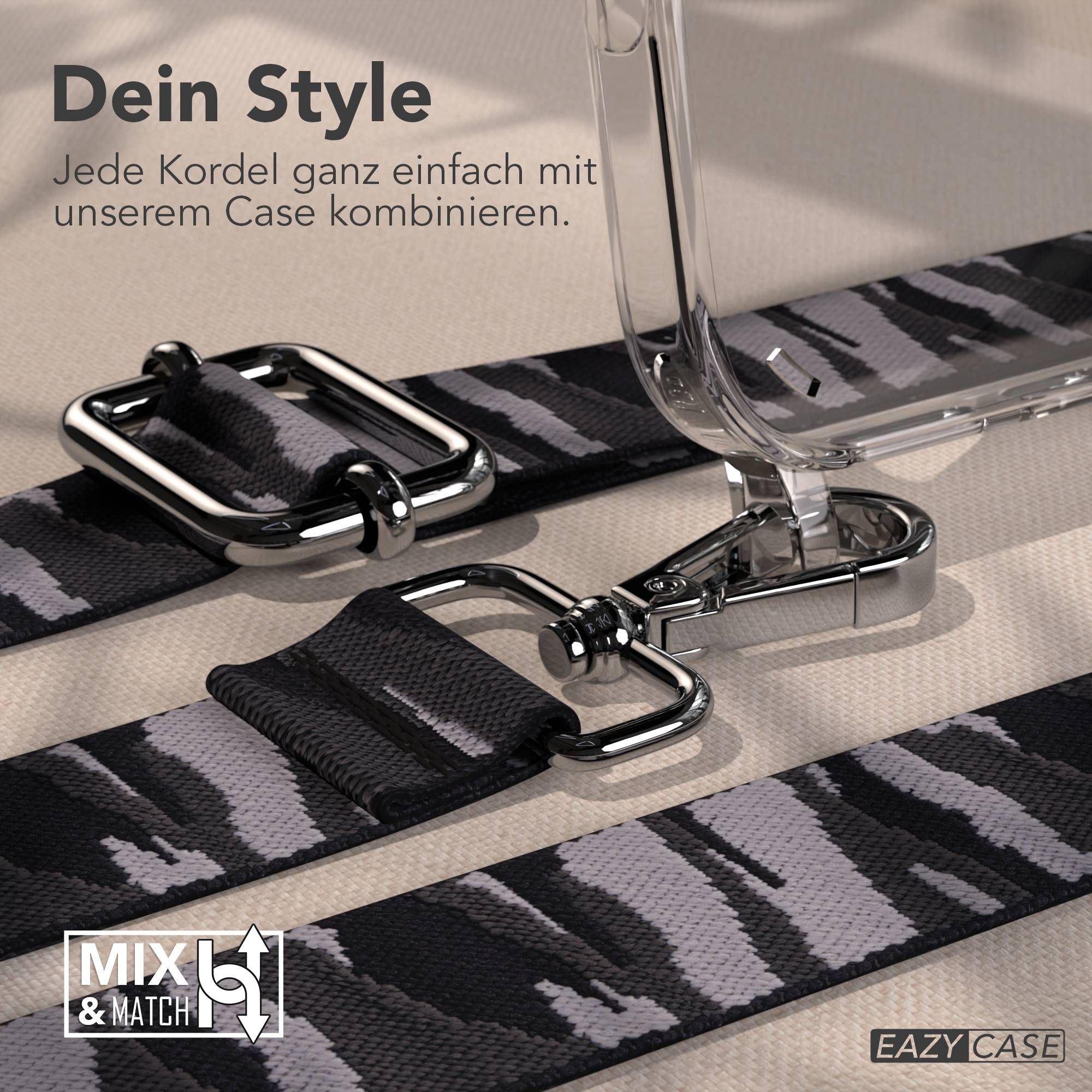 Camouflage-Gurt mit Metallclips, befestigt an einer klaren Handyhülle.