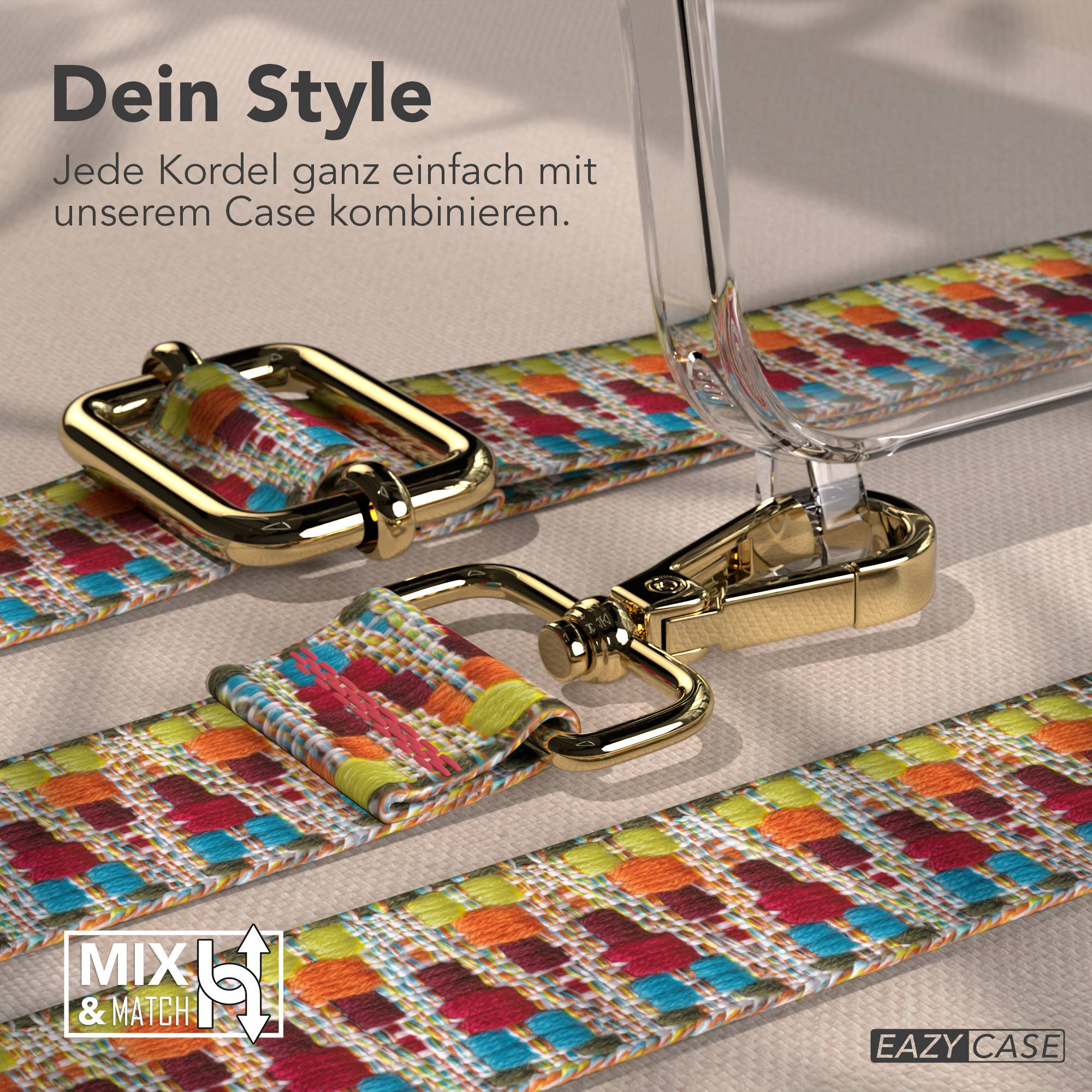 Bunte Kordel mit goldenen Beschlägen und "Mix & Match" Logo.