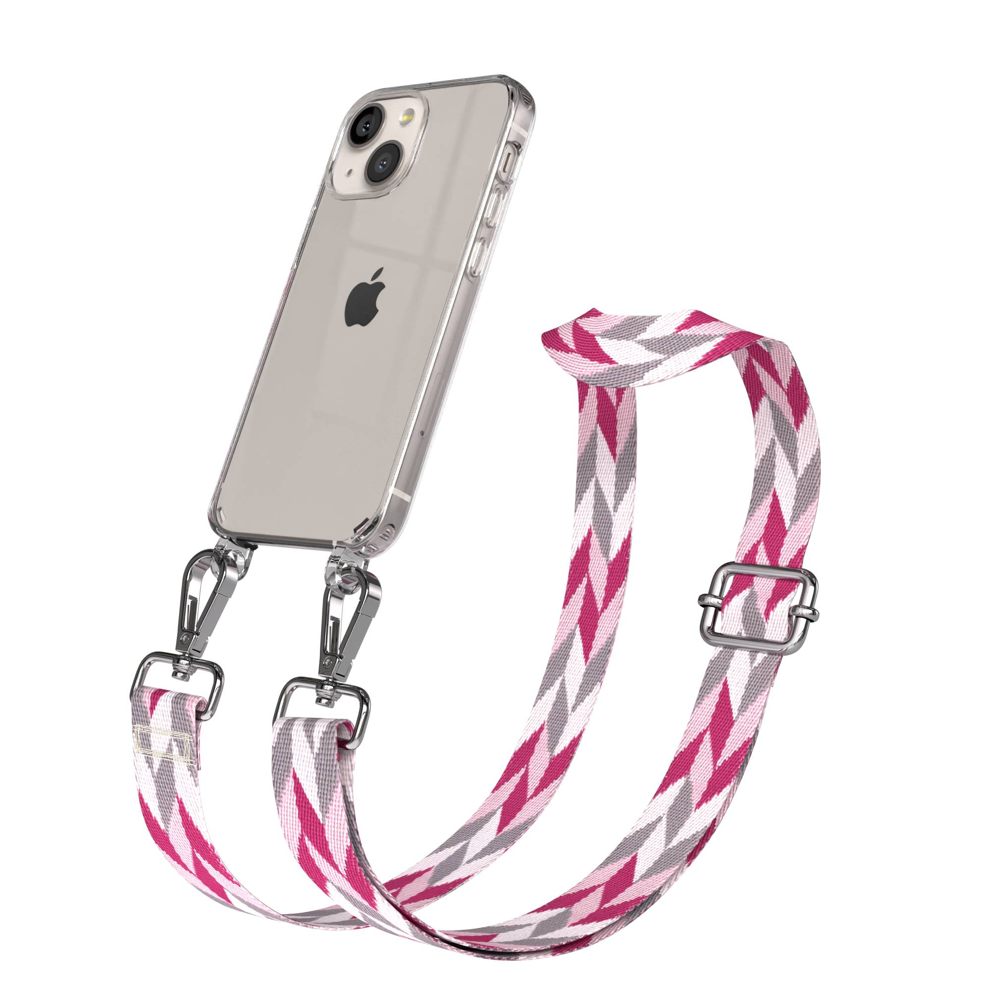 Ein iPhone in einer transparenten Hülle mit einem Riemen mit Zickzackmuster in Pink, Grau und Weiß.