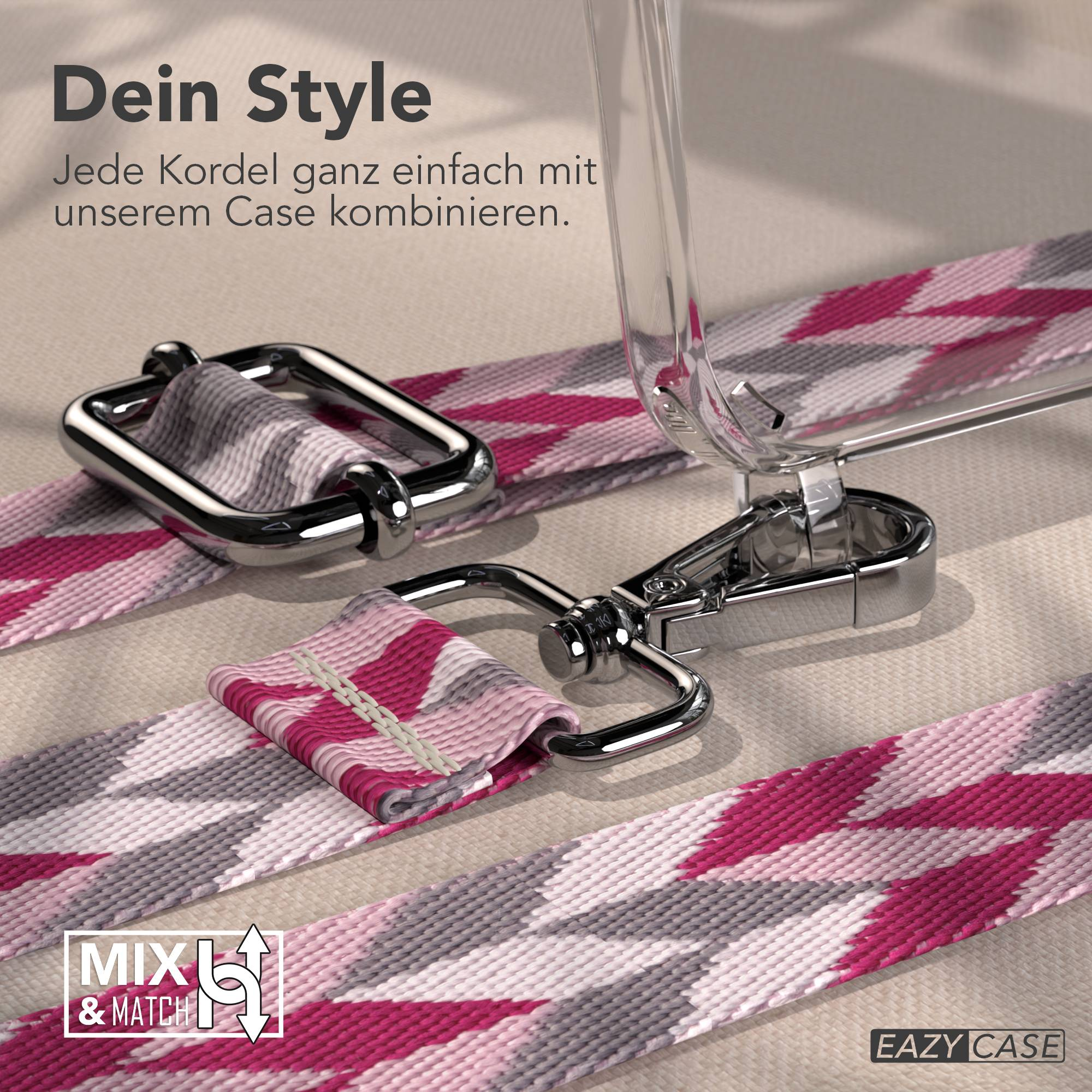 Ein Handyband mit pinken Zickzackmustern und silbernen Verschlüssen.
