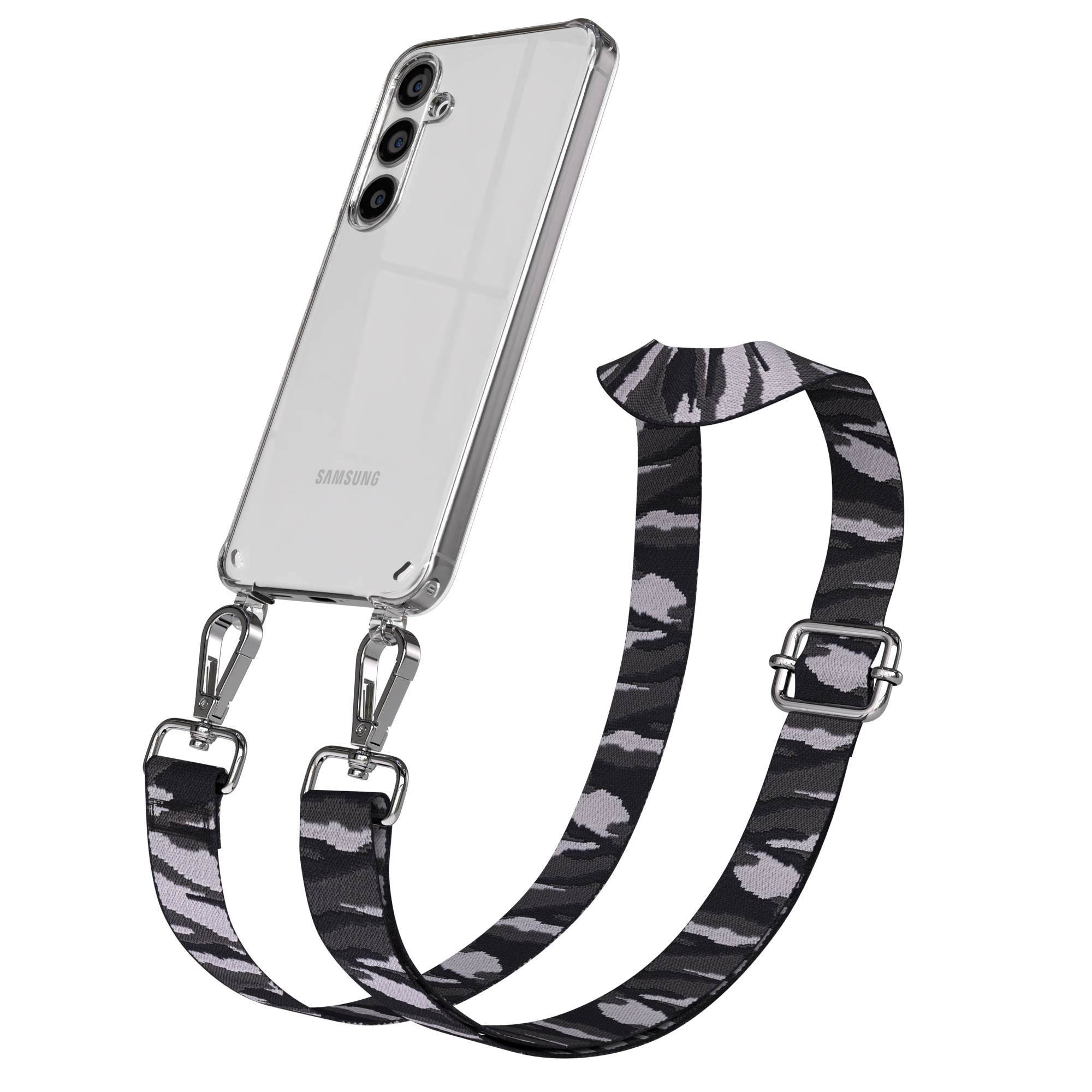 Ein transparenter Handyhülle mit Camouflage-Tragegurt und silbernen Clips.