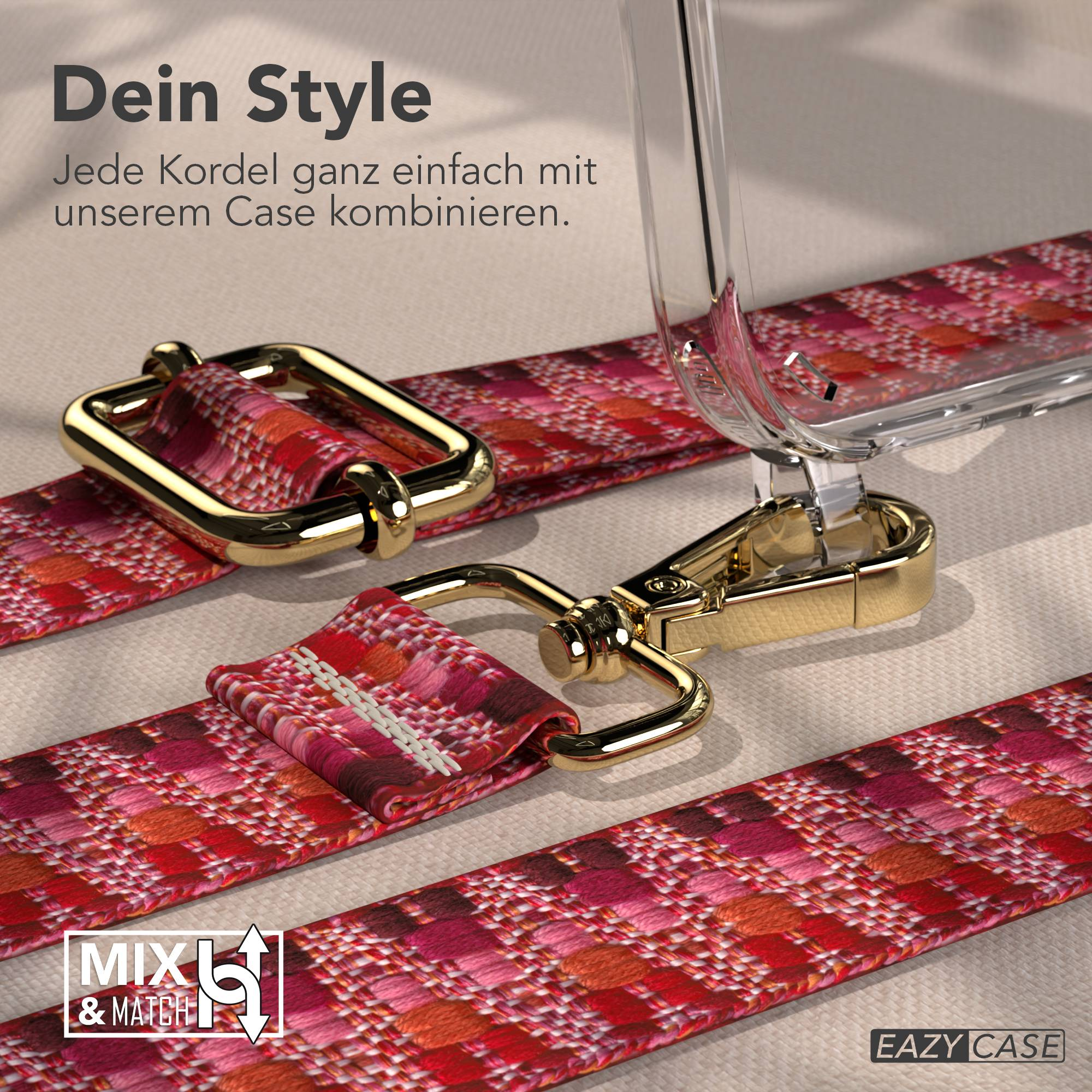 Rotes Band mit goldenen Clips und einer Handyhülle. Text: Dein Style.