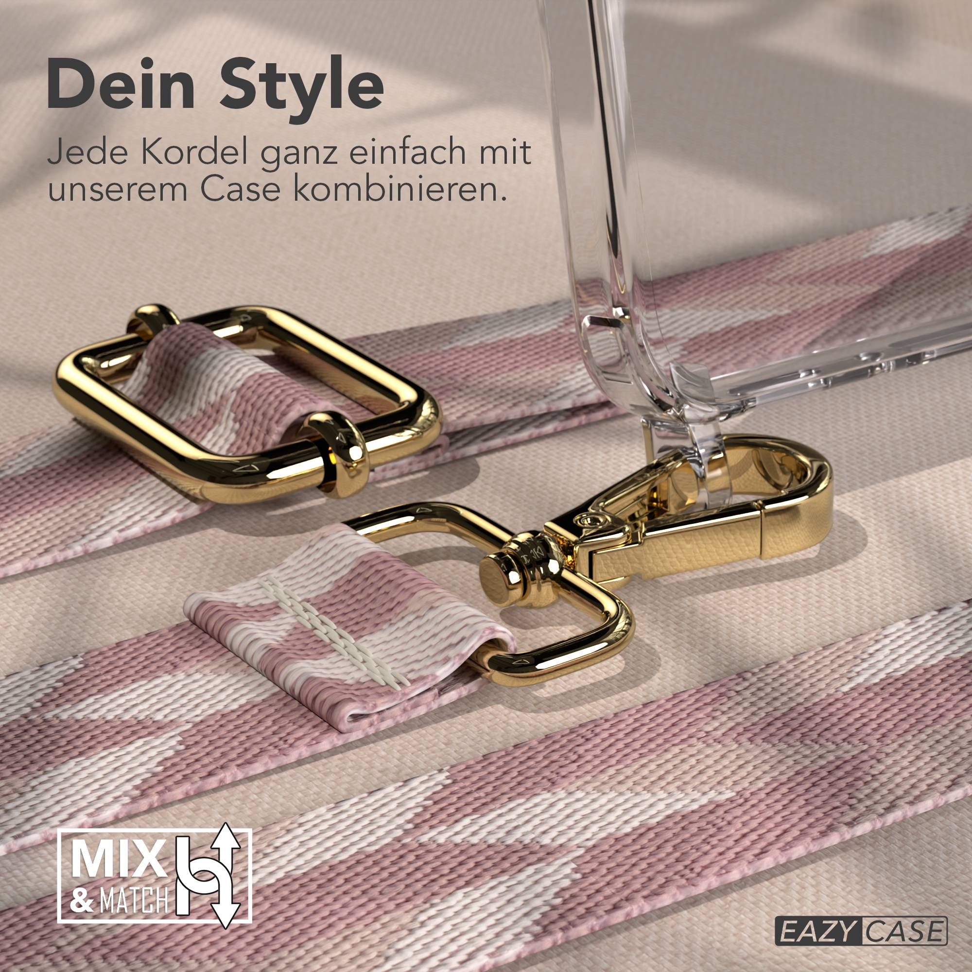 Goldene Karabiner und eine gemusterte Kordel mit einem transparenten Handyhülle-Detail.