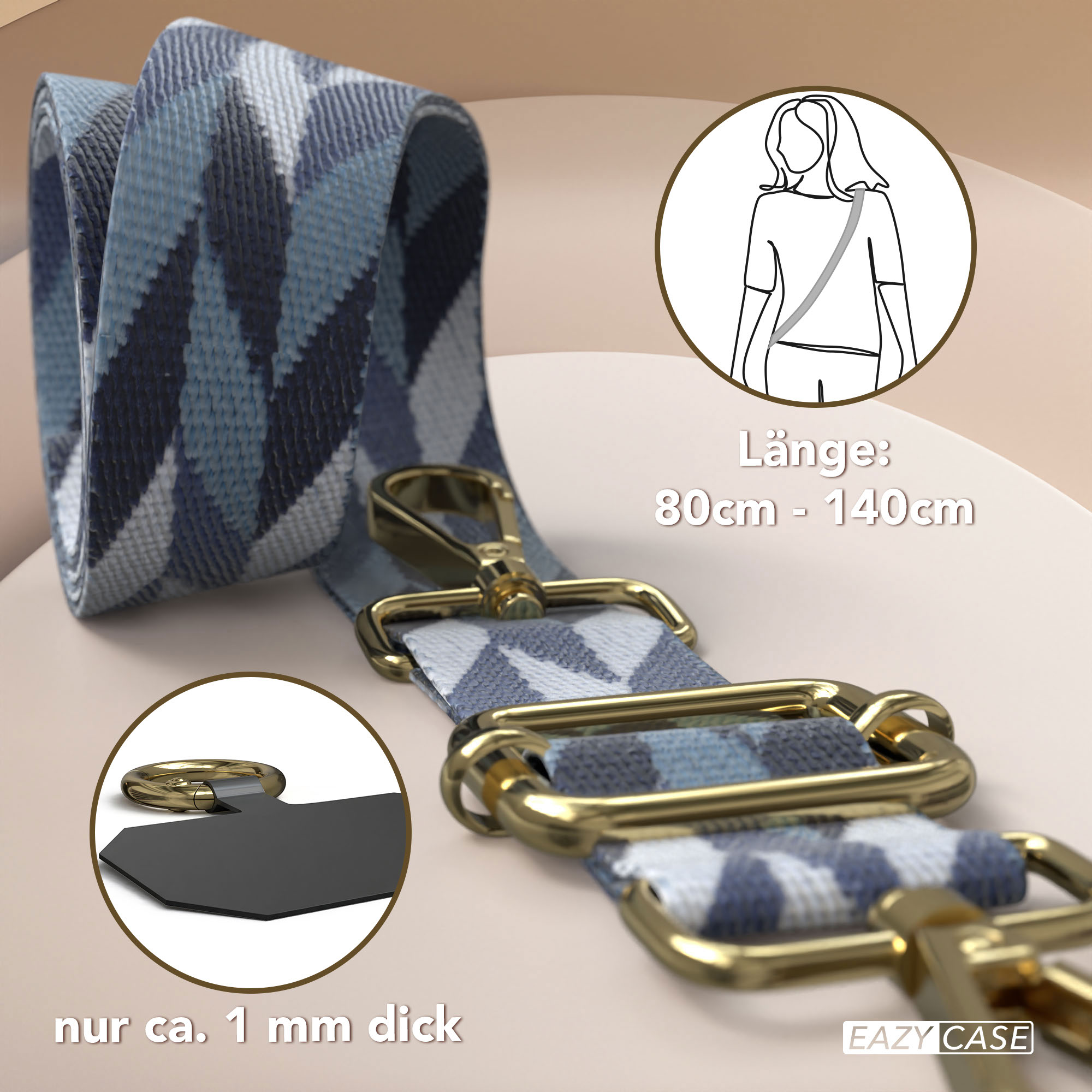 Blau gemustertes Gurtband mit goldenen Schnallen, 80-140cm lang, 1mm dick.