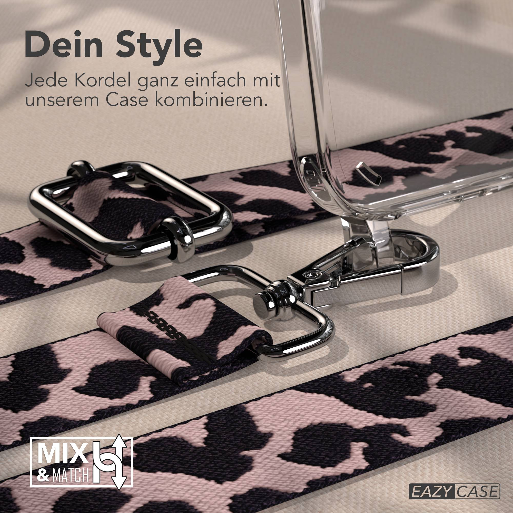 Ein Leopardenmuster-Schlüsselband für ein Handycase mit silbernen Beschlägen.