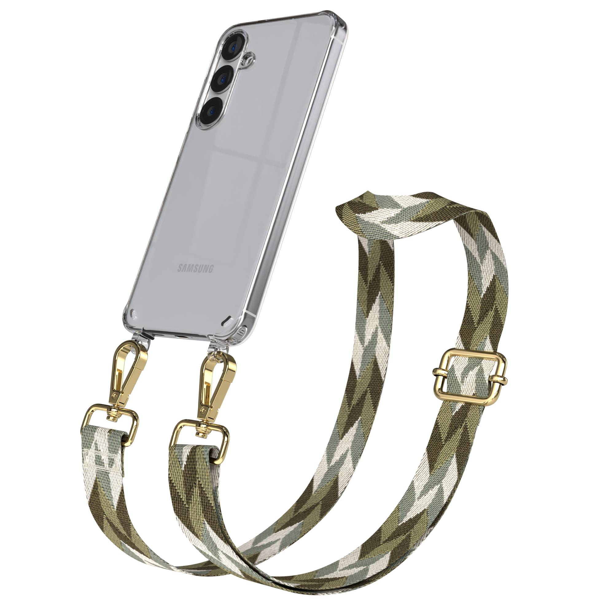 Ein durchsichtiges Handy mit einem mehrfarbigen Gurt mit Zickzackmuster und goldenen Verschlüssen.